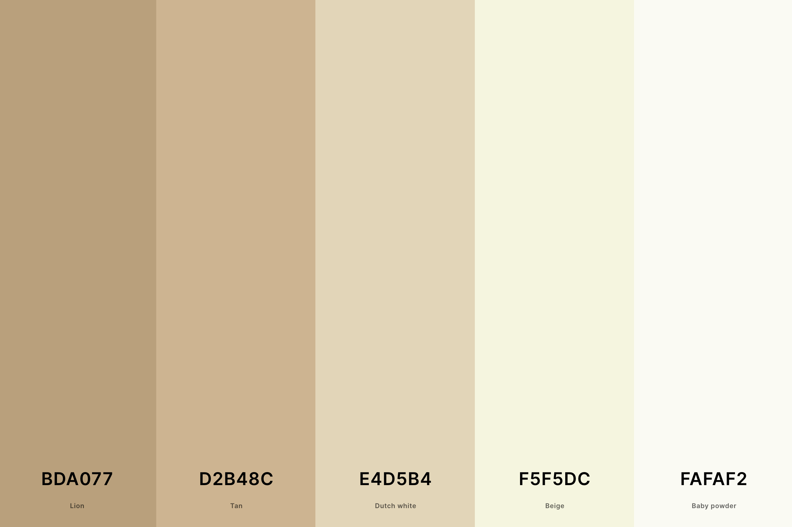 16. Tan And Beige Color Palette Color Palette with Lion (Hex #BDA077) + Tan (Hex #D2B48C) + Dutch White (Hex #E4D5B4) + Beige (Hex #F5F5DC) + Baby Powder (Hex #FAFAF2) Color Palette with Hex Codes