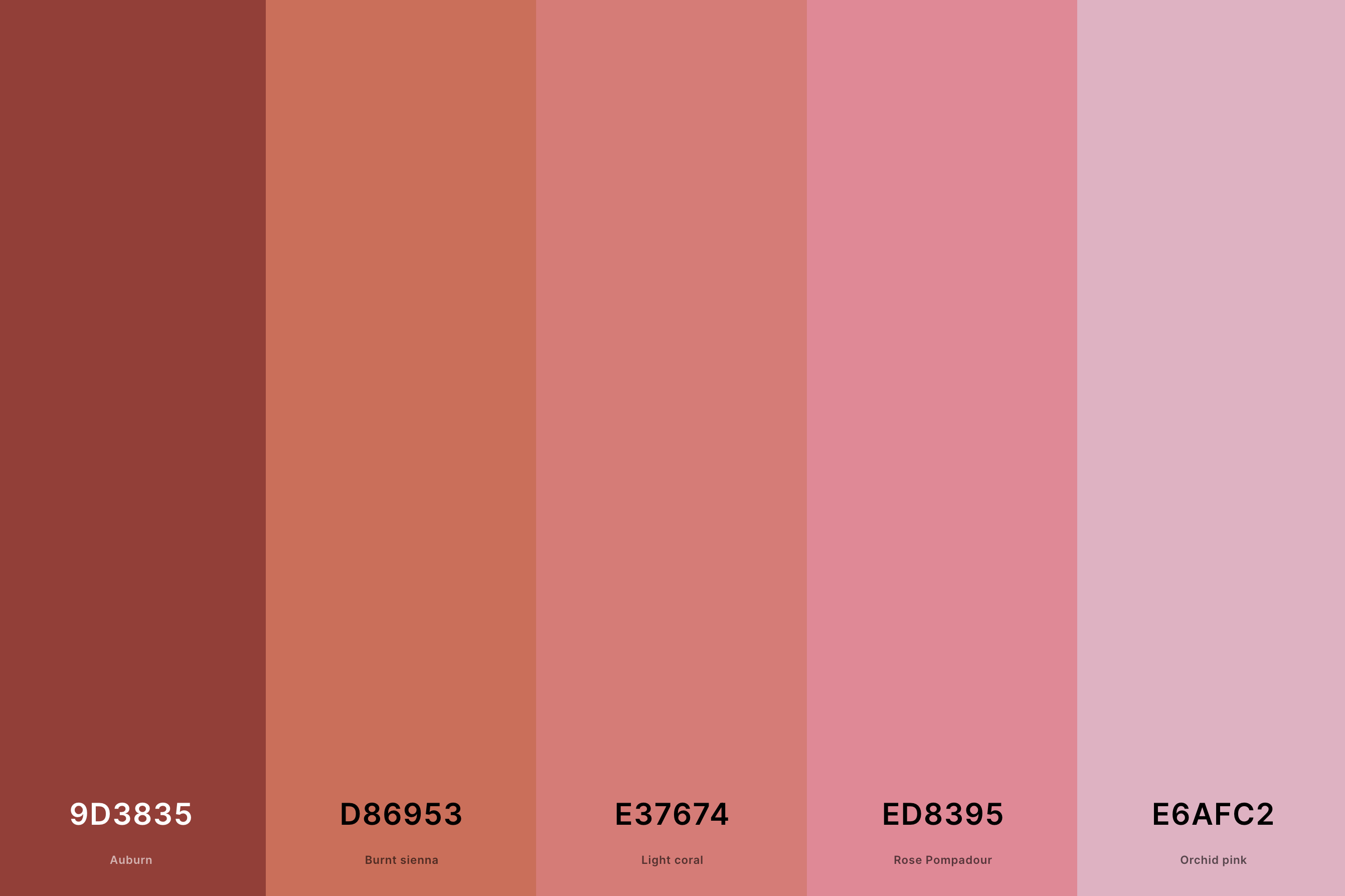 16. Terracotta And Pink Color Palette Color Palette with Auburn (Hex #9D3835) + Burnt Sienna (Hex #D86953) + Light Coral (Hex #E37674) + Rose Pompadour (Hex #ED8395) + Orchid Pink (Hex #E6AFC2) Color Palette with Hex Codes