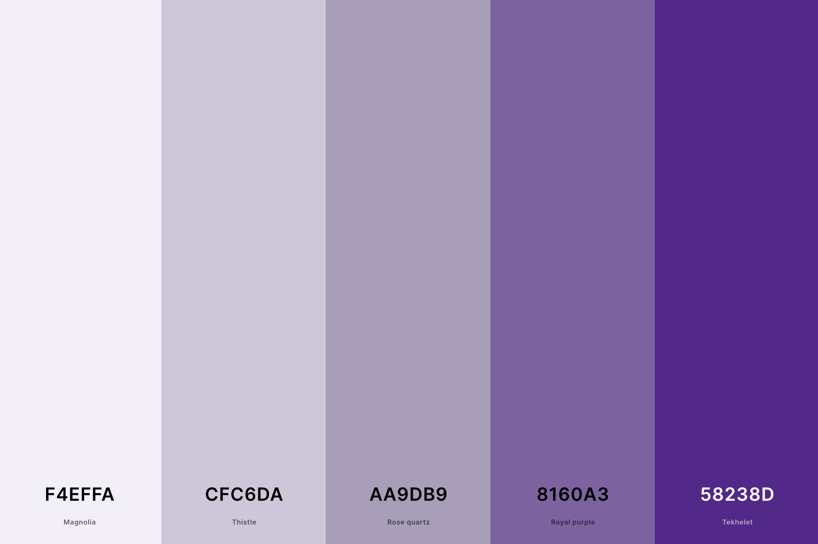 16. Violet And Gray Color Palette Color Palette with Magnolia (Hex #F4EFFA) + Thistle (Hex #CFC6DA) + Rose Quartz (Hex #AA9DB9) + Royal Purple (Hex #8160A3) + Tekhelet (Hex #58238D) Color Palette with Hex Codes