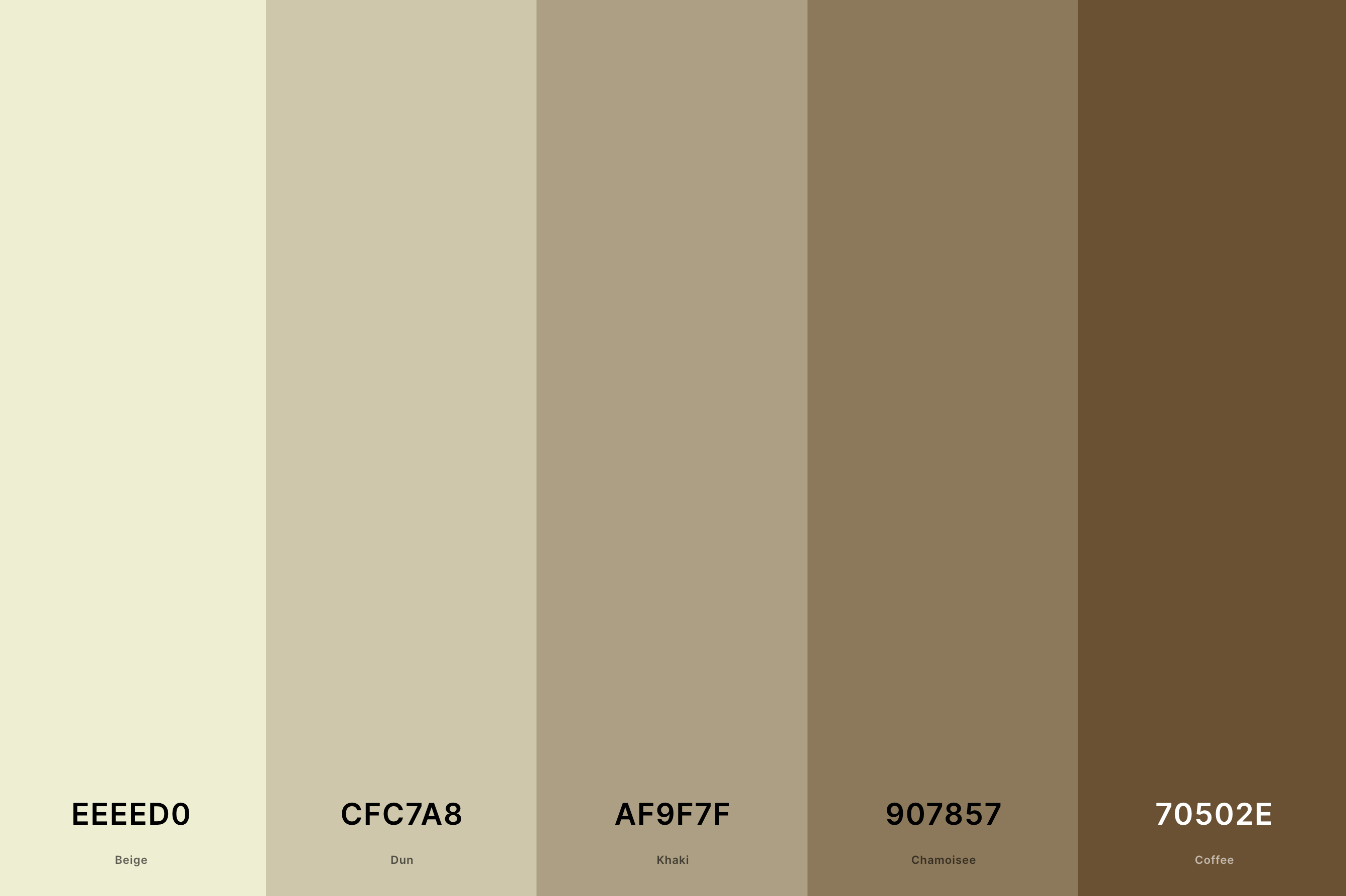 16. Warm Beige Color Palette Color Palette with Beige (Hex #EEEED0) + Dun (Hex #CFC7A8) + Khaki (Hex #AF9F7F) + Chamoisee (Hex #907857) + Coffee (Hex #70502E) Color Palette with Hex Codes