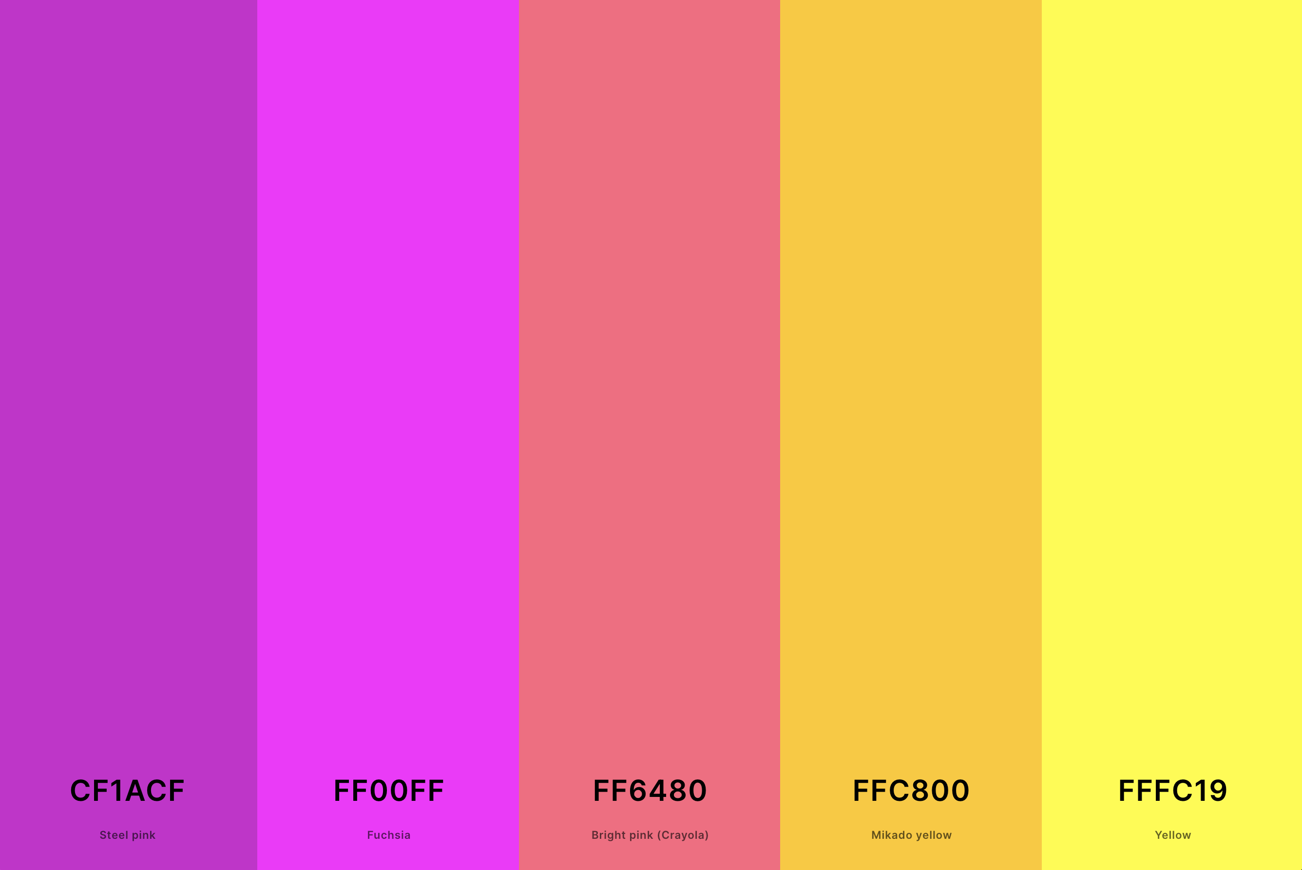 16. Yellow And Magenta Color Palette Color Palette with Steel Pink (Hex #CF1ACF) + Magenta (Hex #FF00FF) + Bright Pink (Crayola) (Hex #FF6480) + Mikado Yellow (Hex #FFC800) + Yellow (Hex #FFFC19) Color Palette with Hex Codes
