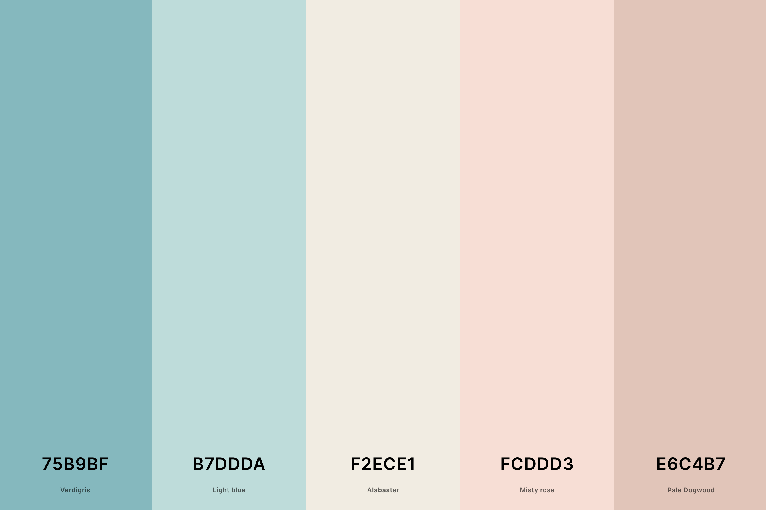 17. Aesthetic Natural Color Palette Color Palette with Verdigris (Hex #75B9BF) + Light Blue (Hex #B7DDDA) + Alabaster (Hex #F2ECE1) + Misty Rose (Hex #FCDDD3) + Pale Dogwood (Hex #E6C4B7) Color Palette with Hex Codes