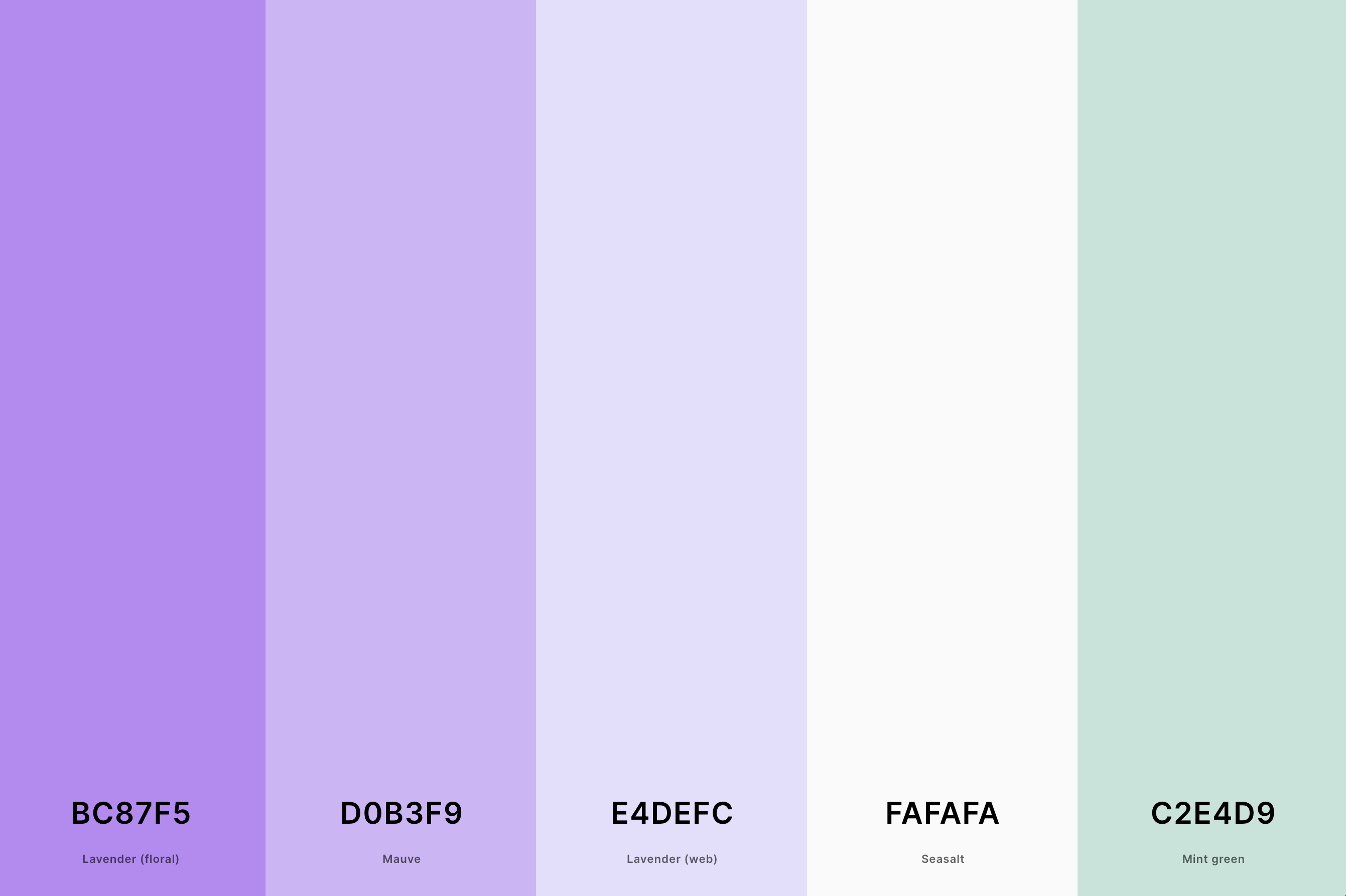 17. Aesthetic Purple Color Palette Color Palette with Lavender (Floral) (Hex #BC87F5) + Mauve (Hex #D0B3F9) + Lavender (Web) (Hex #E4DEFC) + Seasalt (Hex #FAFAFA) + Mint Green (Hex #C2E4D9) Color Palette with Hex Codes