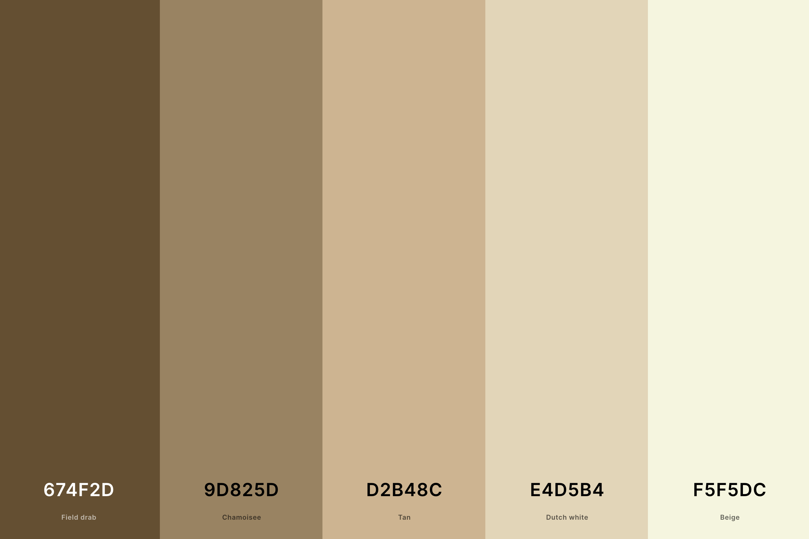 17. Beige And Tan Color Palette Color Palette with Field Drab (Hex #674F2D) + Chamoisee (Hex #9D825D) + Tan (Hex #D2B48C) + Dutch White (Hex #E4D5B4) + Beige (Hex #F5F5DC) Color Palette with Hex Codes