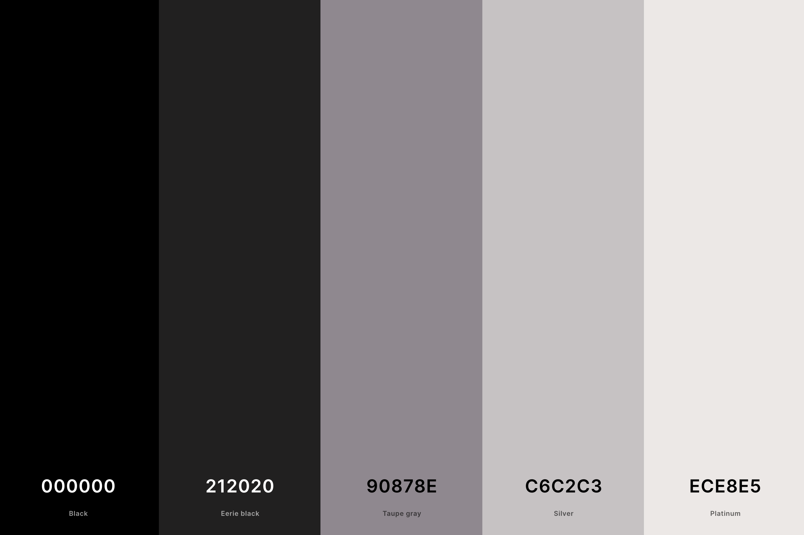 17. Black Aesthetic Color Palette Color Palette with Black (Hex #000000) + Eerie Black (Hex #212020) + Taupe Gray (Hex #90878E) + Silver (Hex #C6C2C3) + Platinum (Hex #ECE8E5) Color Palette with Hex Codes