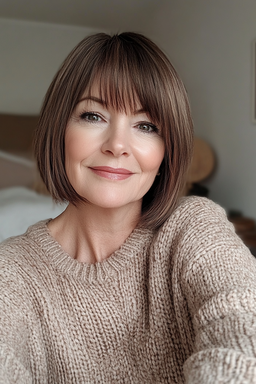 17. Chestnut Brown Bob with Full Fringe (Hairstyles For Older Women With Bangs) - Hairstyles For Older Women With Bangs