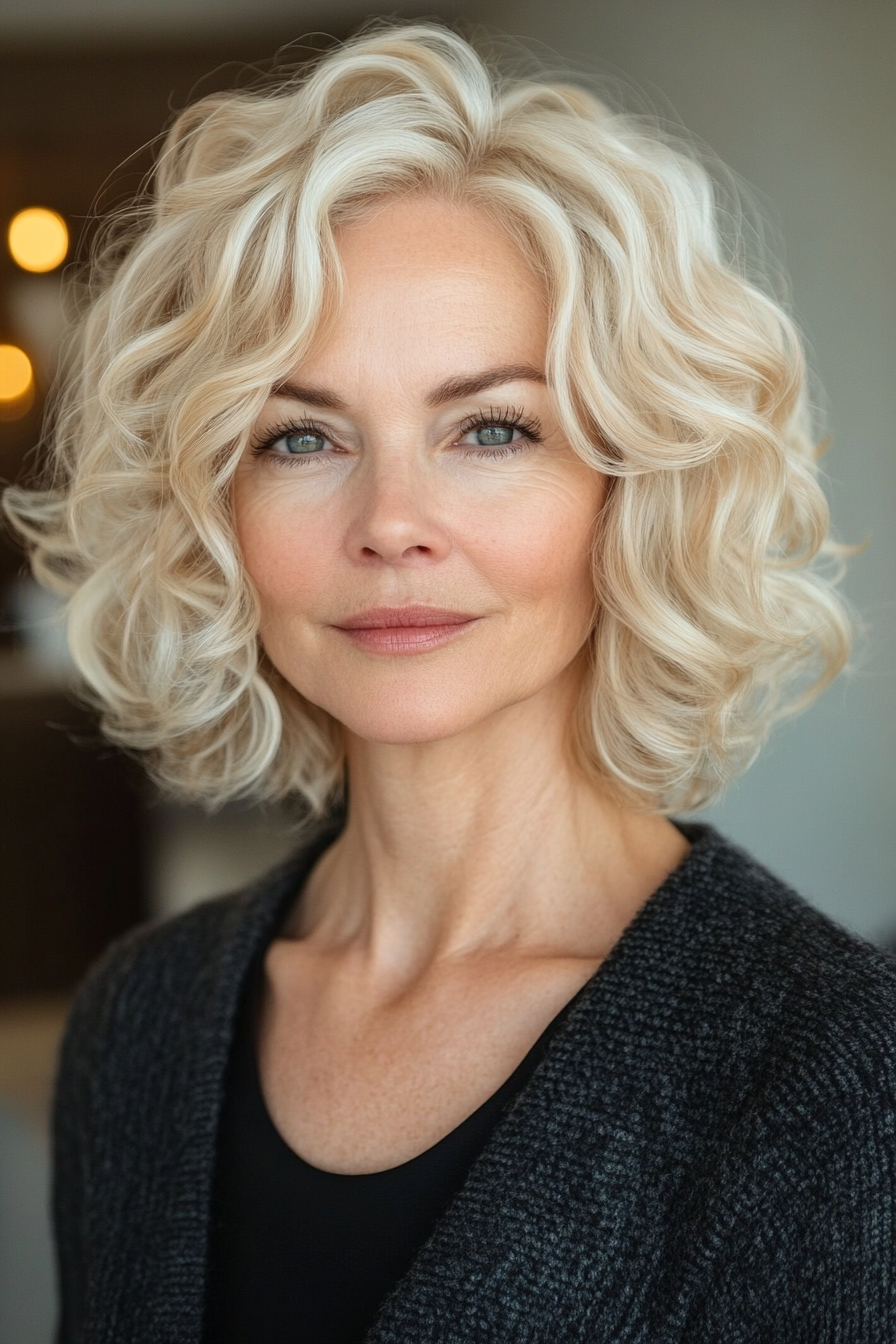 17. Curly Lob with Soft Waves in Golden Blonde (Short Curly Hairstyles For Older Women) - Short Curly Hairstyles For Older Women