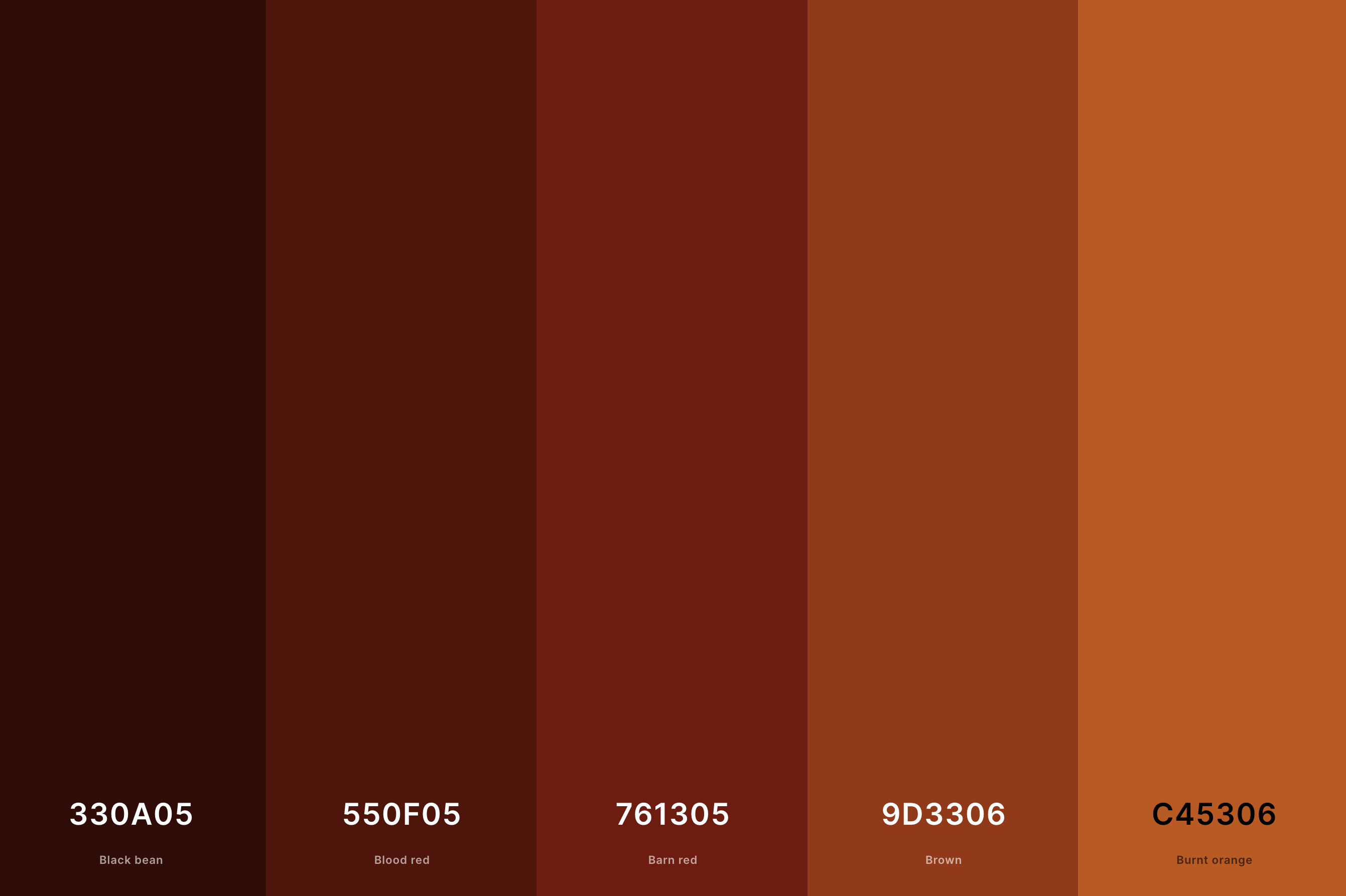 17. Dark Terracotta Color Palette Color Palette with Black Bean (Hex #330A05) + Blood Red (Hex #550F05) + Barn Red (Hex #761305) + Brown (Hex #9D3306) + Burnt Orange (Hex #C45306) Color Palette with Hex Codes