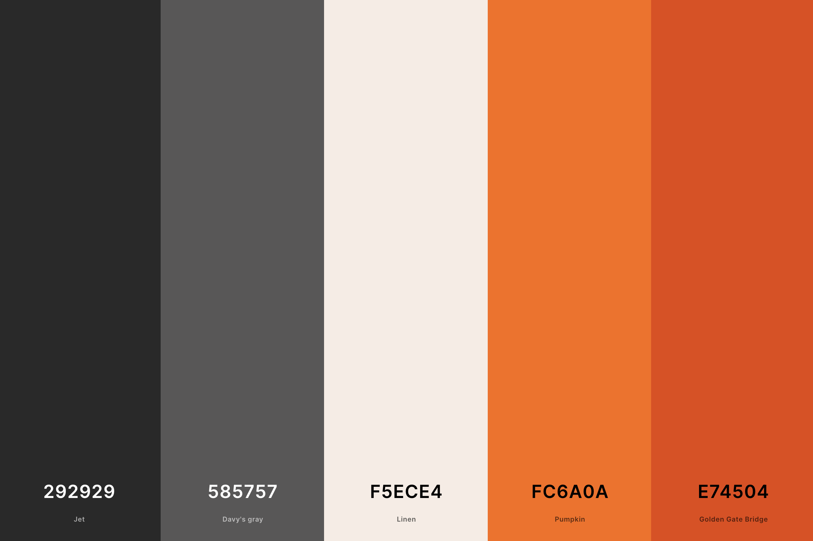 17. Gray And Orange Color Palette Color Palette with Jet (Hex #292929) + Davy'S Gray (Hex #585757) + Linen (Hex #F5ECE4) + Pumpkin (Hex #FC6A0A) + Golden Gate Bridge (Hex #E74504) Color Palette with Hex Codes