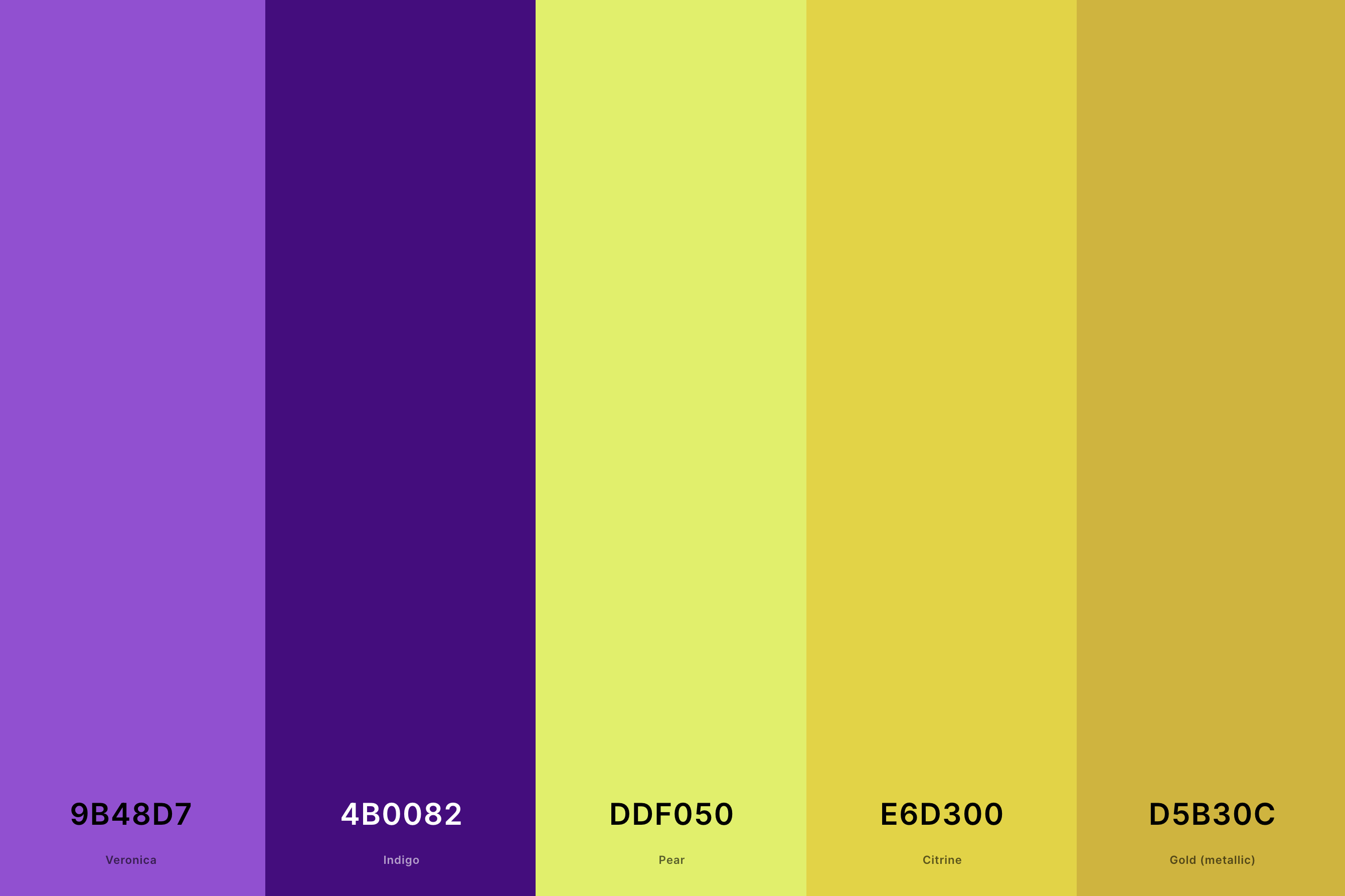 17. Indigo And Yellow Color Palette Color Palette with Veronica (Hex #9B48D7) + Indigo (Hex #4B0082) + Pear (Hex #DDF050) + Citrine (Hex #E6D300) + Gold (Metallic) (Hex #D5B30C) Color Palette with Hex Codes