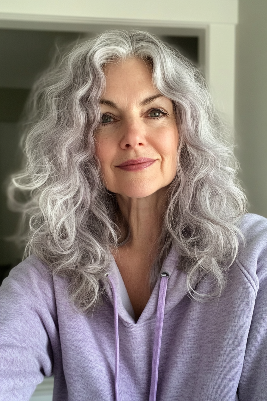 17. Long Curly Silver Layers with Subtle Lavender Hues (Hairstyles For Older Women With Curly Hair) - Hairstyles For Older Women With Curly Hair