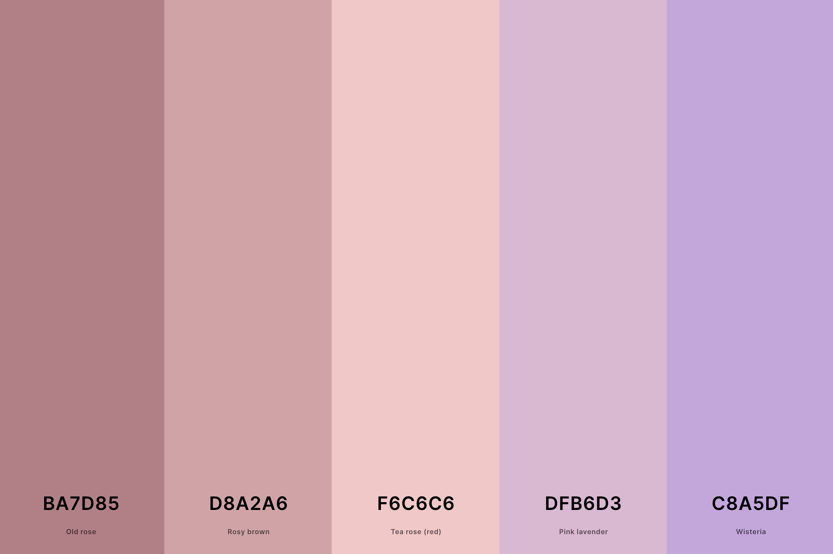 17. Mauve Rose Color Palette Color Palette with Old Rose (Hex #BA7D85) + Rosy Brown (Hex #D8A2A6) + Tea Rose (Red) (Hex #F6C6C6) + Pink Lavender (Hex #DFB6D3) + Wisteria (Hex #C8A5DF) Color Palette with Hex Codes