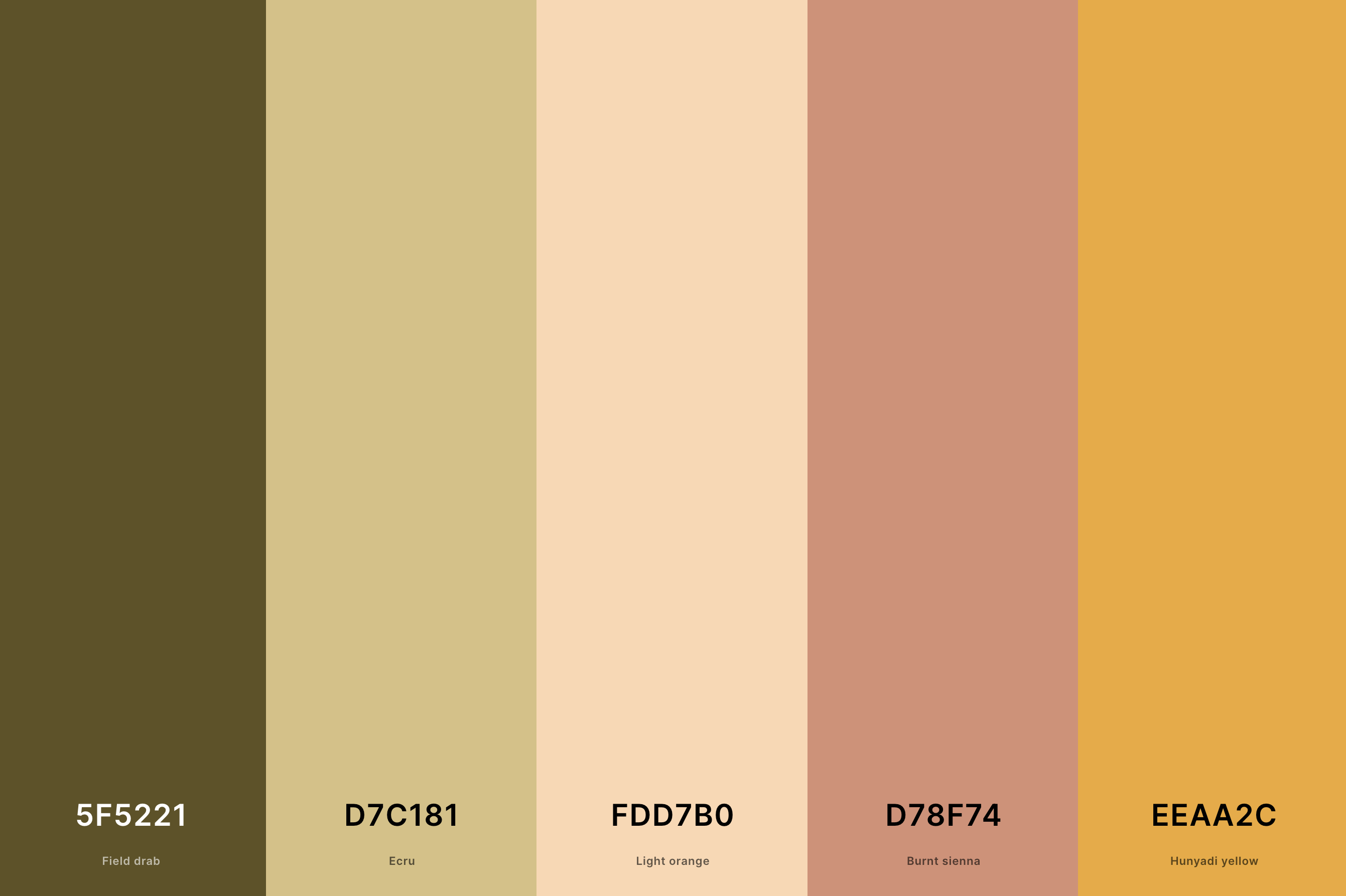 17. Modern Retro Color Palette Color Palette with Field Drab (Hex #5F5221) + Ecru (Hex #D7C181) + Light Orange (Hex #FDD7B0) + Burnt Sienna (Hex #D78F74) + Hunyadi Yellow (Hex #EEAA2C) Color Palette with Hex Codes