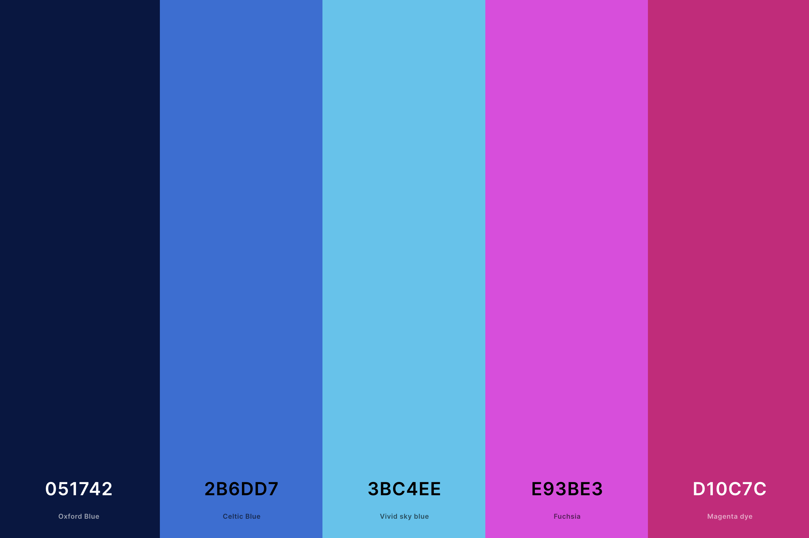 17. Neon City Color Palette Color Palette with Oxford Blue (Hex #051742) + Celtic Blue (Hex #2B6DD7) + Vivid Sky Blue (Hex #3BC4EE) + Fuchsia (Hex #E93BE3) + Magenta Dye (Hex #D10C7C) Color Palette with Hex Codes