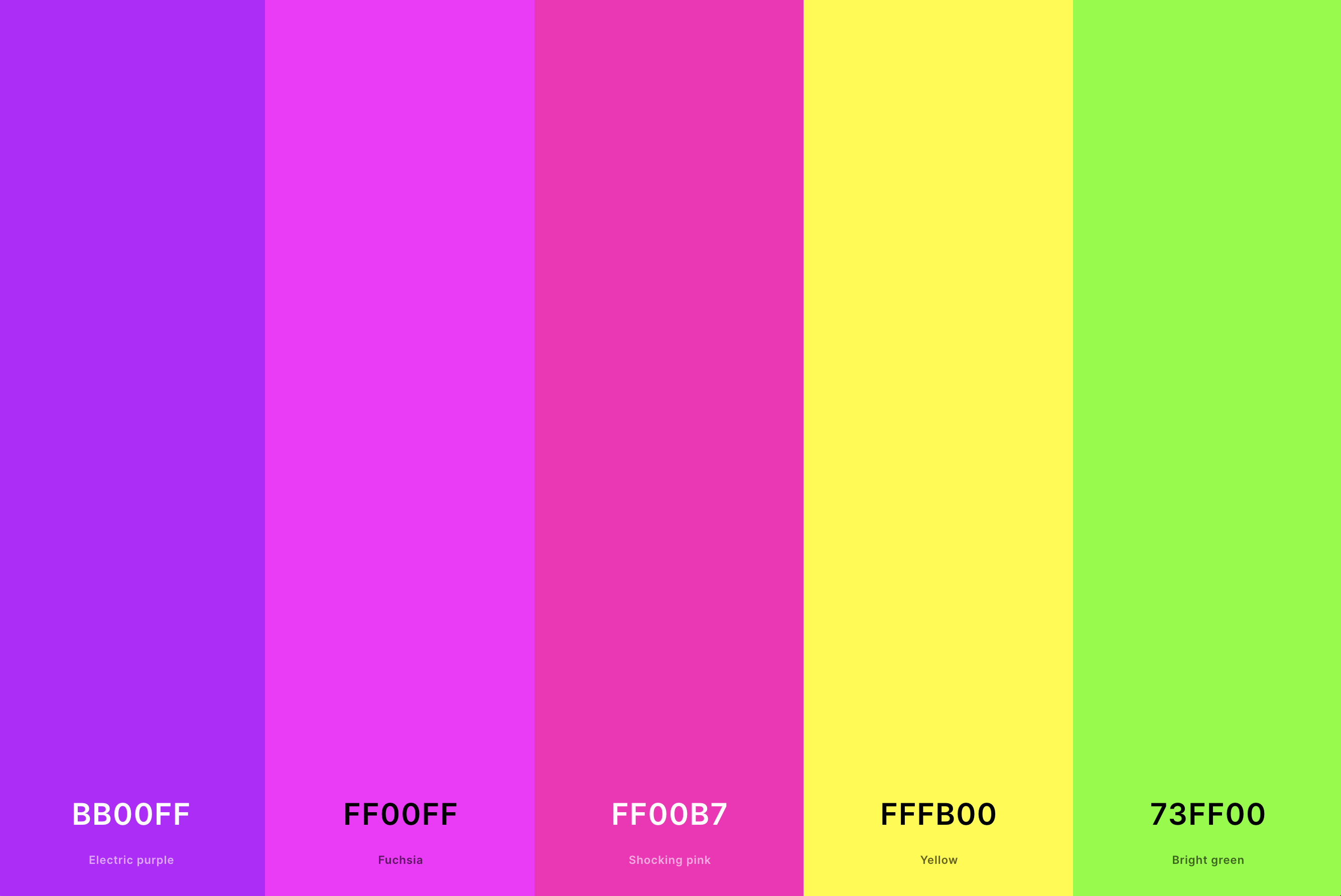 17. Neon Magenta Color Palette Color Palette with Electric Purple (Hex #BB00FF) + Magenta (Hex #FF00FF) + Shocking Pink (Hex #FF00B7) + Yellow (Hex #FFFB00) + Bright Green (Hex #73FF00) Color Palette with Hex Codes