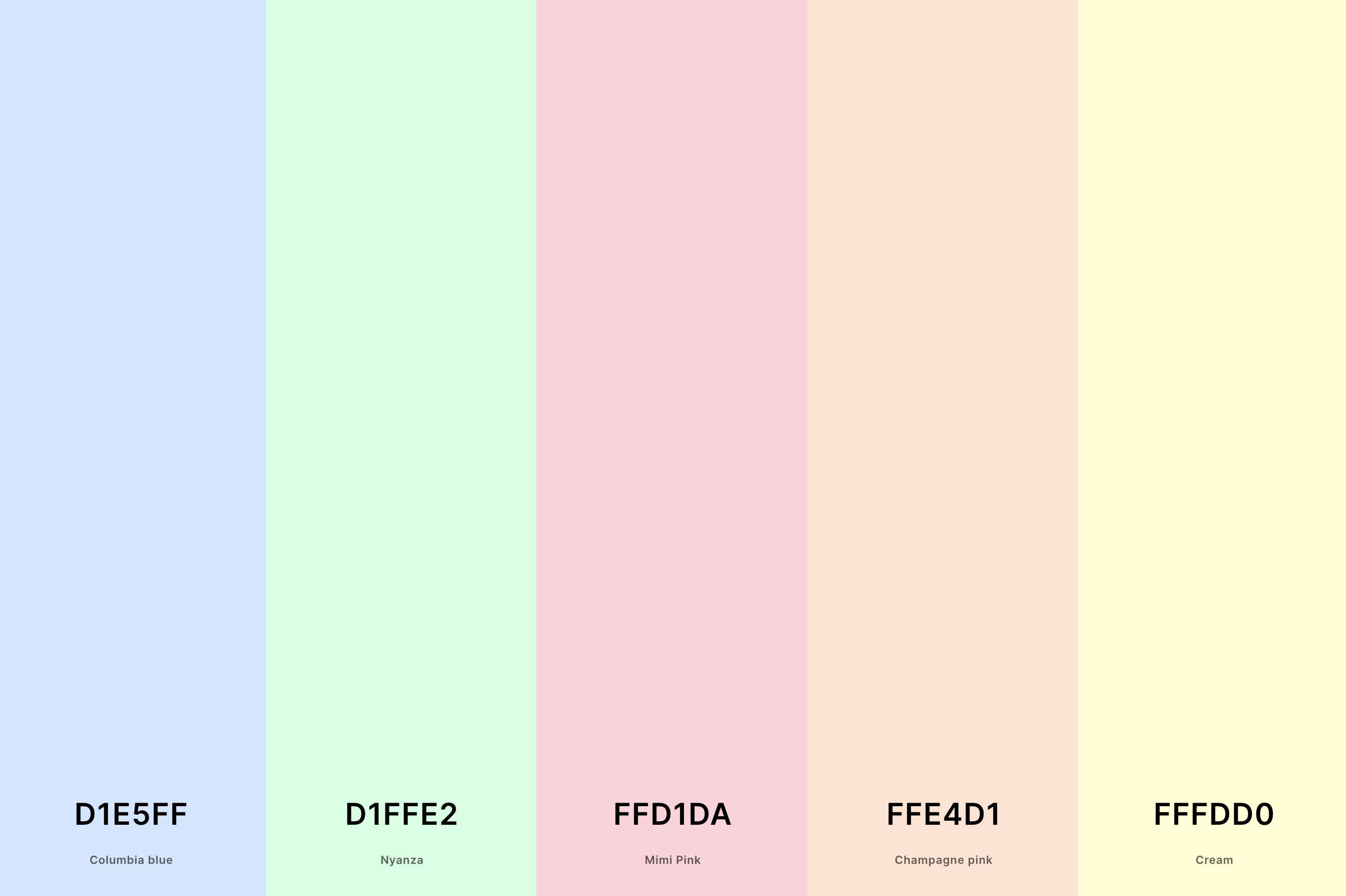 17. Pastel Cream Color Palette Color Palette with Columbia Blue (Hex #D1E5FF) + Nyanza (Hex #D1FFE2) + Mimi Pink (Hex #FFD1DA) + Champagne Pink (Hex #FFE4D1) + Cream (Hex #FFFDD0) Color Palette with Hex Codes