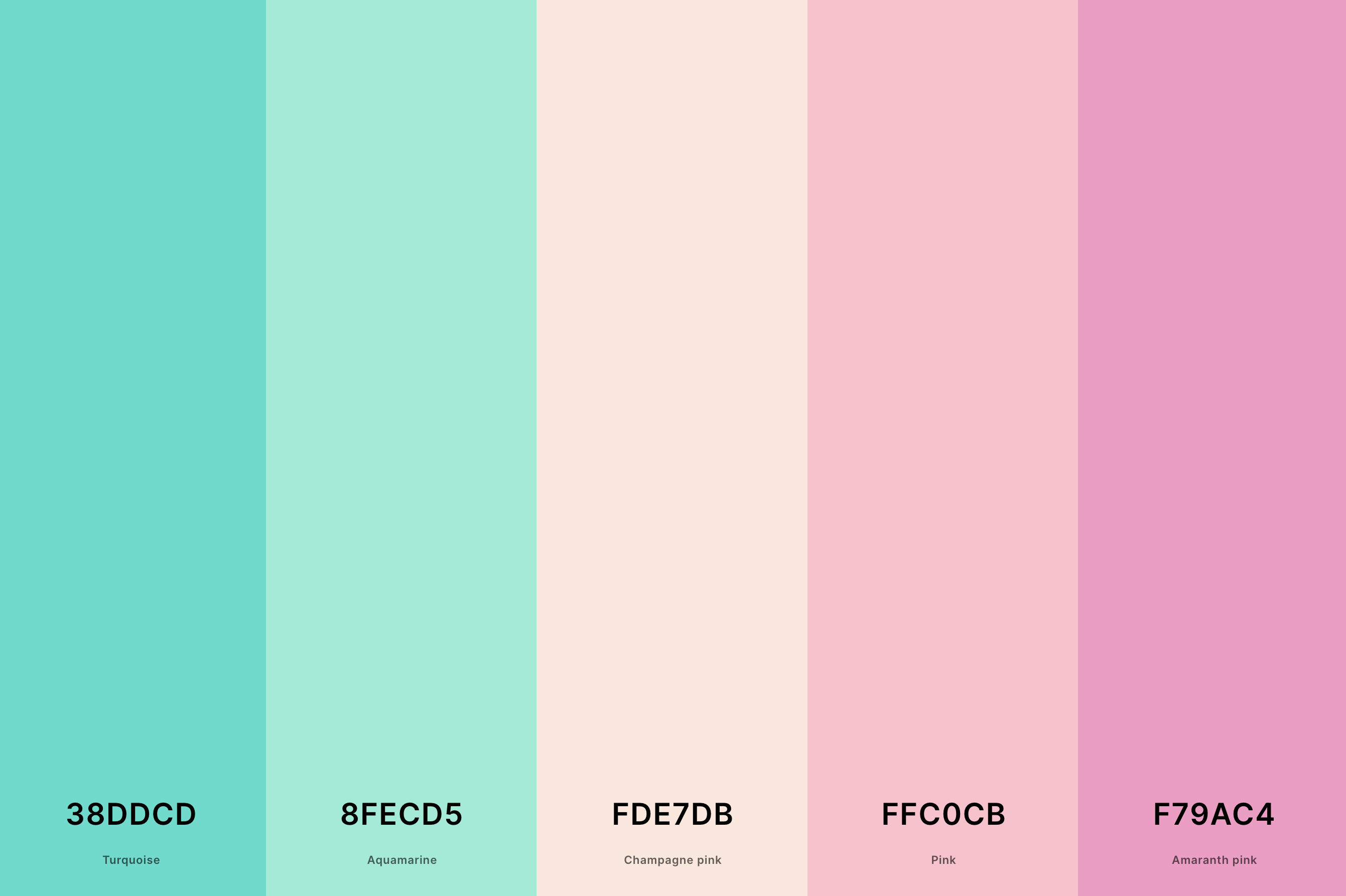 17. Pink And Turquoise Color Palette Color Palette with Turquoise (Hex #38DDCD) + Aquamarine (Hex #8FECD5) + Champagne Pink (Hex #FDE7DB) + Pink (Hex #FFC0CB) + Amaranth Pink (Hex #F79AC4) Color Palette with Hex Codes