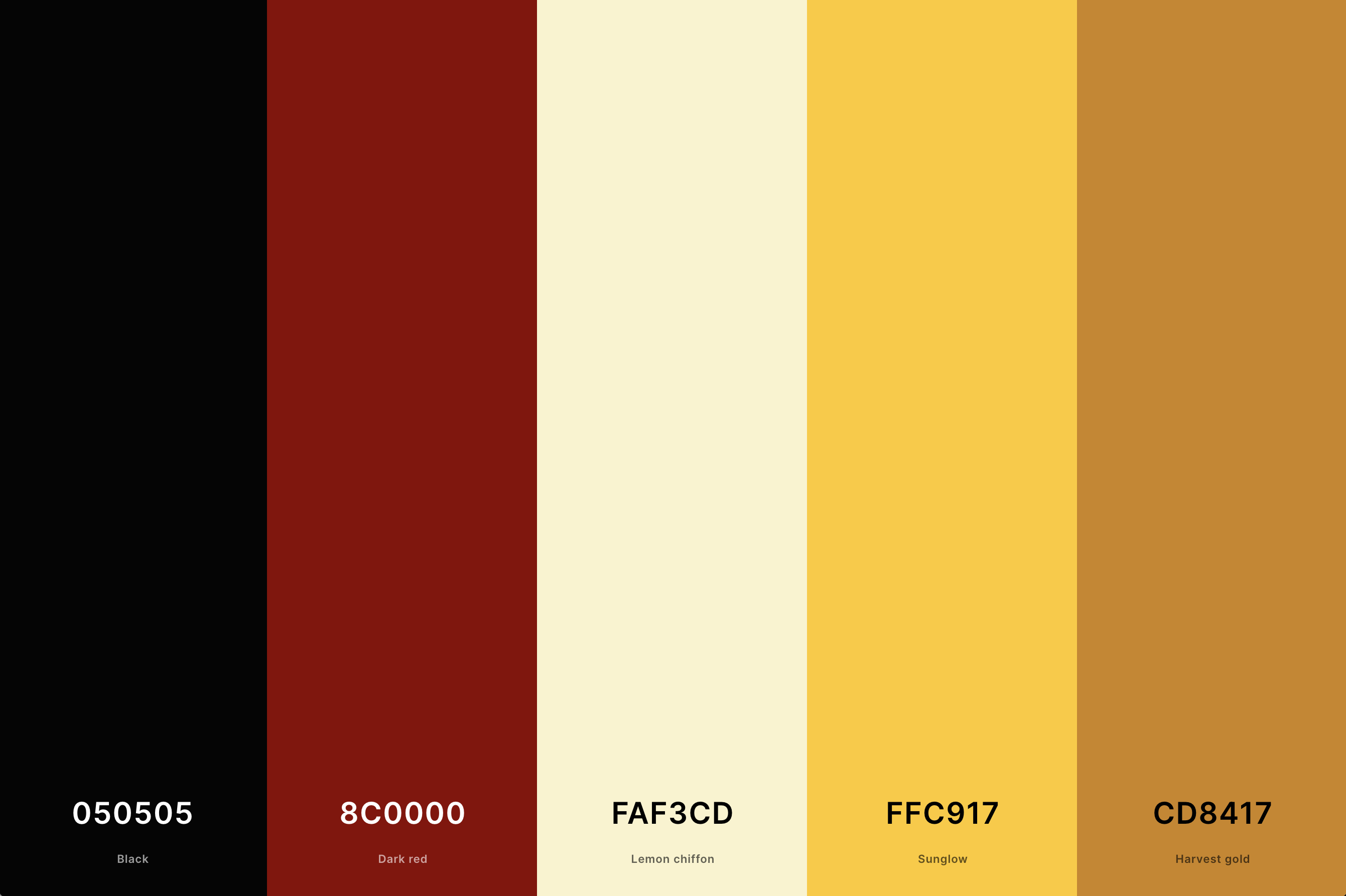 17. Red, Black And Gold Color Palette Color Palette with Black (Hex #050505) + Dark Red (Hex #8C0000) + Lemon Chiffon (Hex #FAF3CD) + Sunglow (Hex #FFC917) + Harvest Gold (Hex #CD8417) Color Palette with Hex Codes