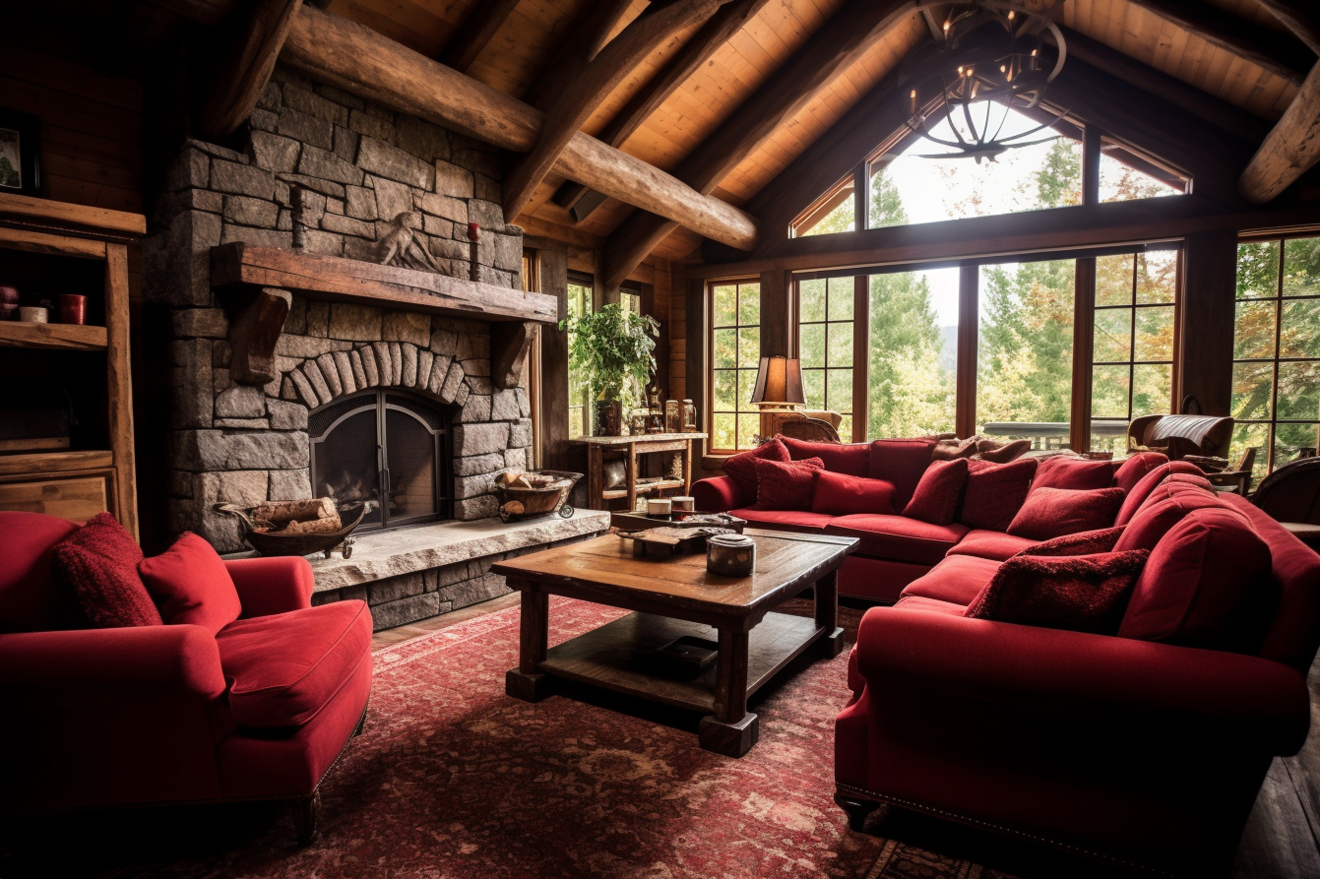 17. Red and Brown Color Scheme - Rustic Cabin Living Room