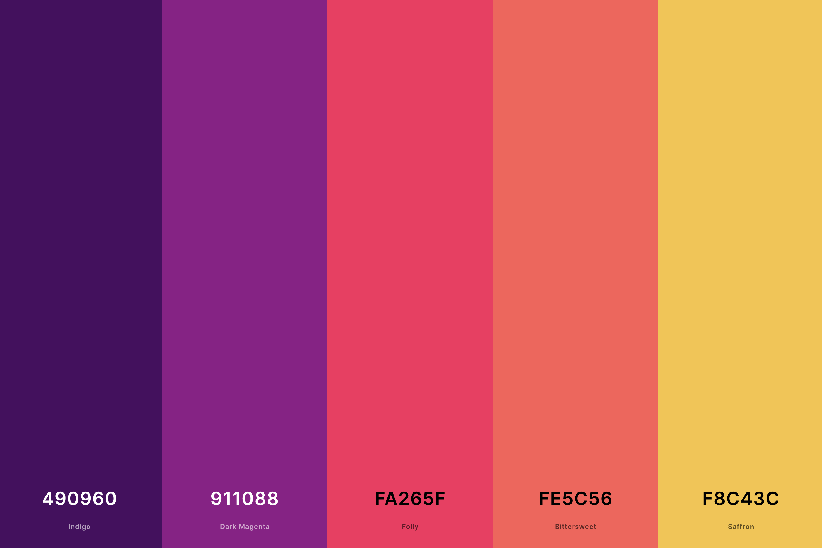 17. Retro Sunset Color Palette Color Palette with Indigo (Hex #490960) + Dark Magenta (Hex #911088) + Folly (Hex #FA265F) + Bittersweet (Hex #FE5C56) + Saffron (Hex #F8C43C) Color Palette with Hex Codes