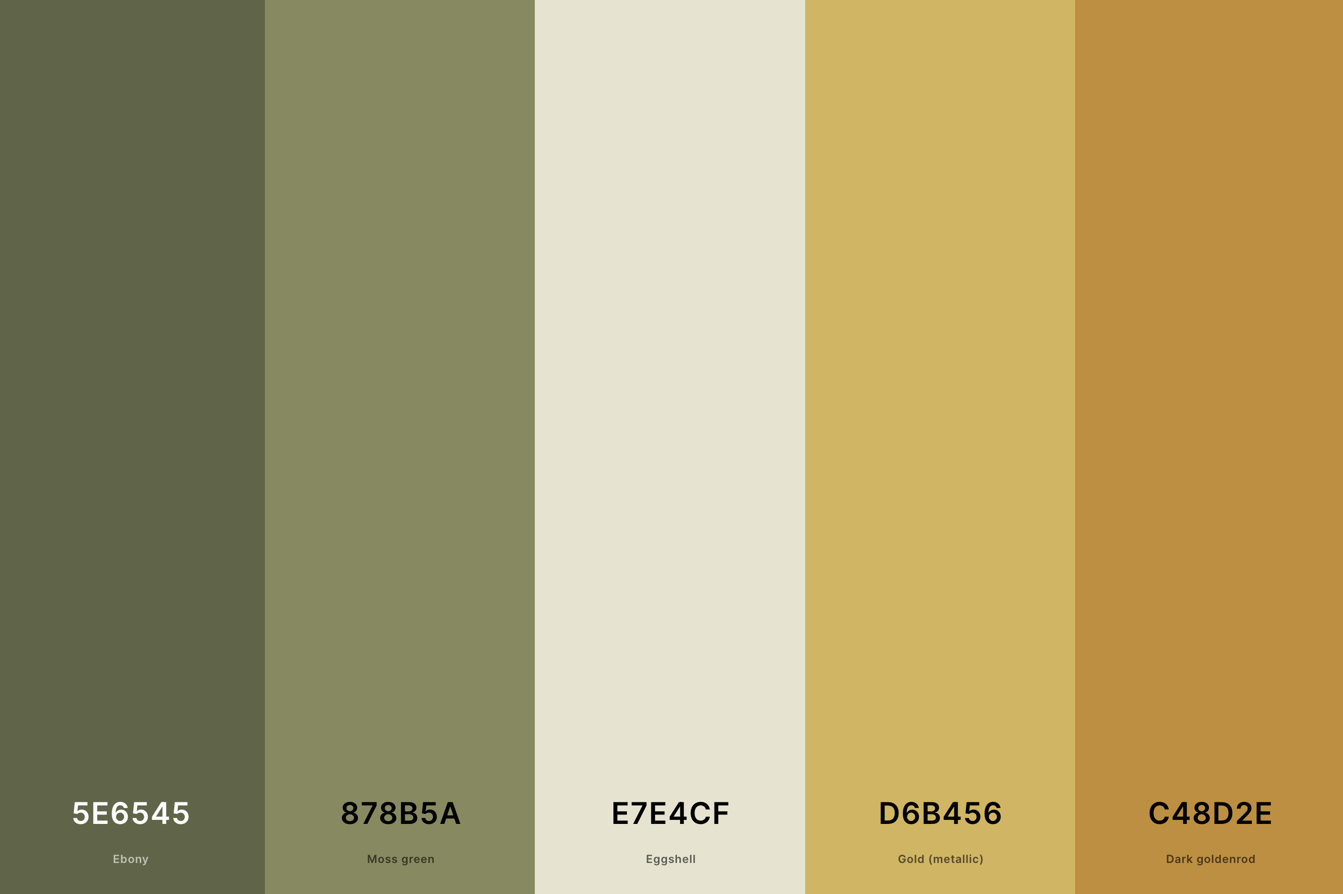 17. Sage Green And Gold Color Palette Color Palette with Ebony (Hex #5E6545) + Moss Green (Hex #878B5A) + Eggshell (Hex #E7E4CF) + Gold (Metallic) (Hex #D6B456) + Dark Goldenrod (Hex #C48D2E) Color Palette with Hex Codes