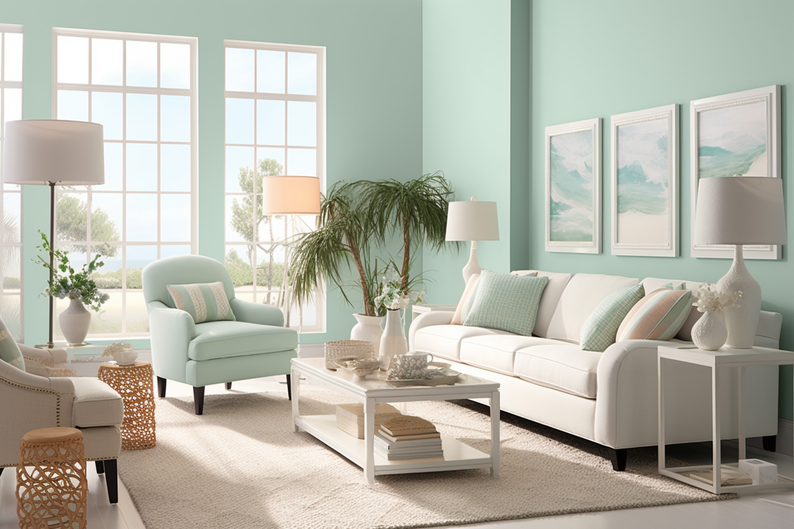 17. Seafoam Green and White Beach Scheme. A living room that makes every day feel like a beach day.
