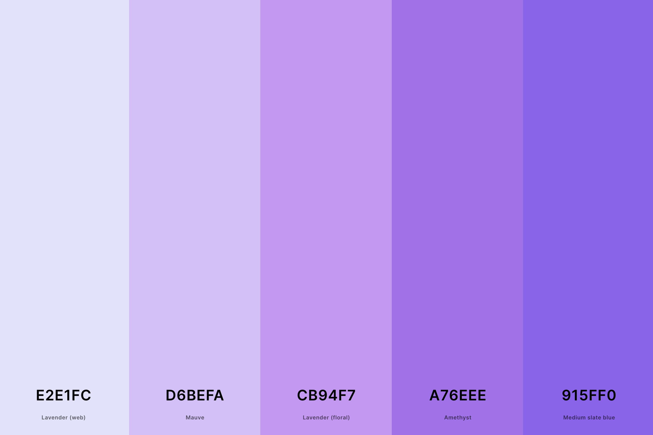 17. Shades Of Lavender Color Palette Color Palette with Lavender (Web) (Hex #E2E1FC) + Mauve (Hex #D6BEFA) + Lavender (Floral) (Hex #CB94F7) + Amethyst (Hex #A76EEE) + Medium Slate Blue (Hex #915FF0) Color Palette with Hex Codes