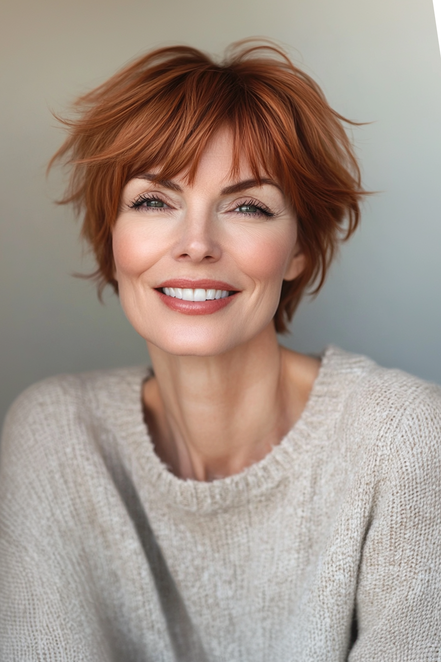 17. Side-Swept Pixie with Light Auburn (Short Hairstyles For Older Women With Thinning Hair) - Short Hairstyles For Older Women With Thinning Hair