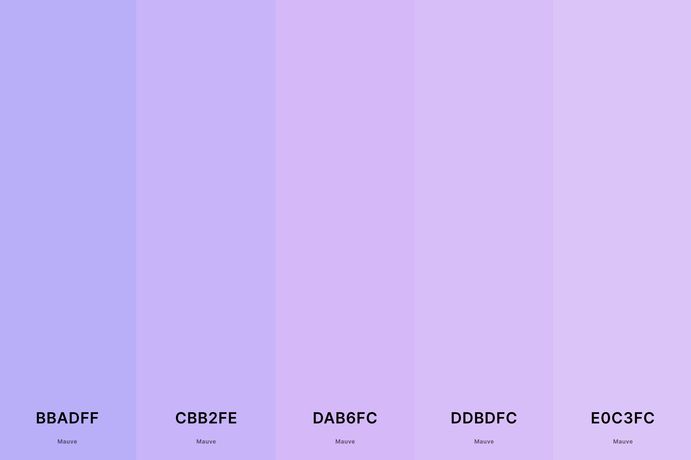 17. Soft Violet Color Palette Color Palette with Mauve (Hex #BBADFF) + Mauve (Hex #CBB2FE) + Mauve (Hex #DAB6FC) + Mauve (Hex #DDBDFC) + Mauve (Hex #E0C3FC) Color Palette with Hex Codes