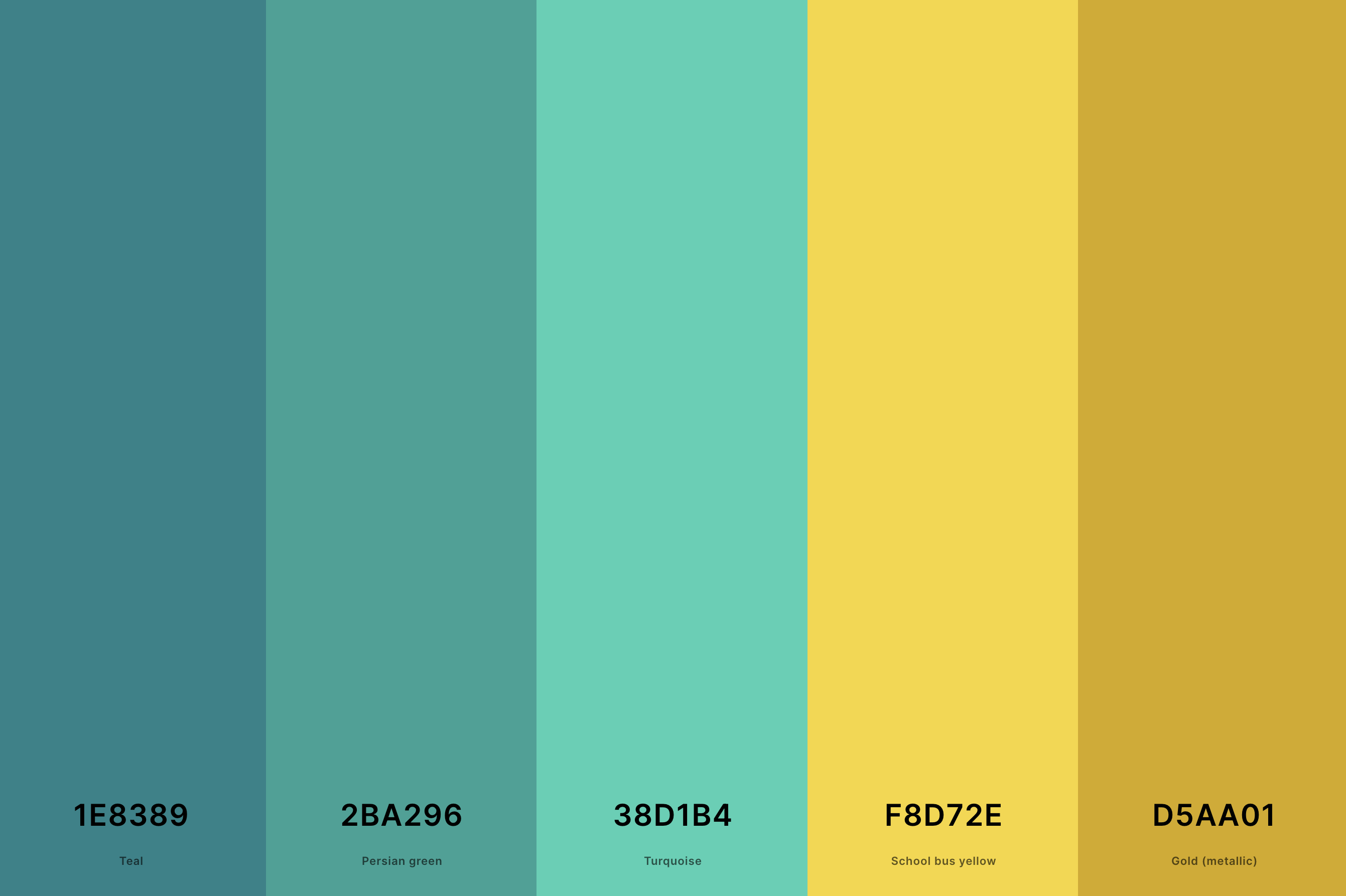 17. Teal And Gold Color Palette Color Palette with Teal (Hex #1E8389) + Persian Green (Hex #2BA296) + Turquoise (Hex #38D1B4) + School Bus Yellow (Hex #F8D72E) + Gold (Metallic) (Hex #D5AA01) Color Palette with Hex Codes