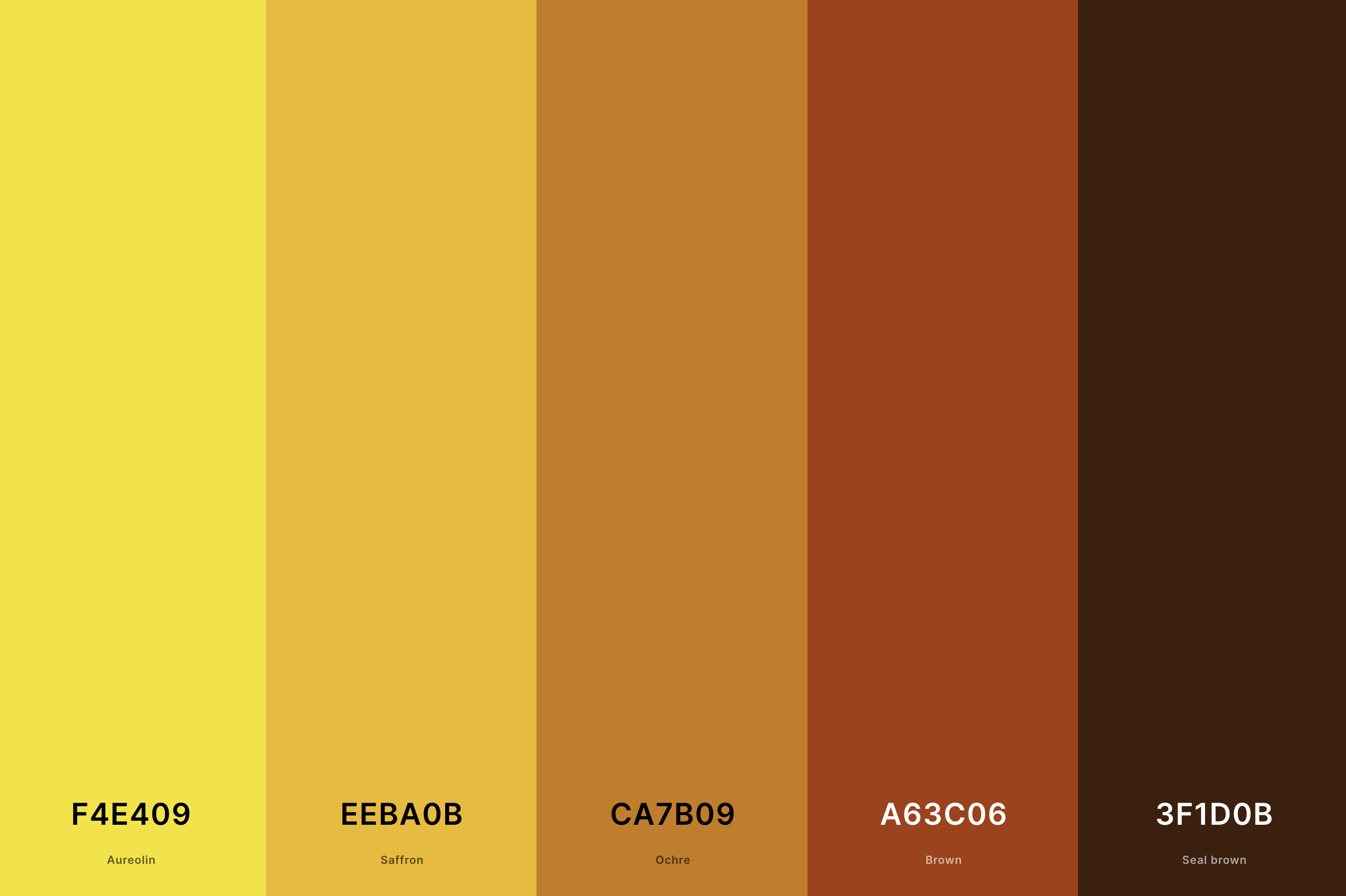 17. Warm Yellow Color Palette Color Palette with Aureolin (Hex #F4E409) + Saffron (Hex #EEBA0B) + Ochre (Hex #CA7B09) + Brown (Hex #A63C06) + Seal Brown (Hex #3F1D0B) Color Palette with Hex Codes