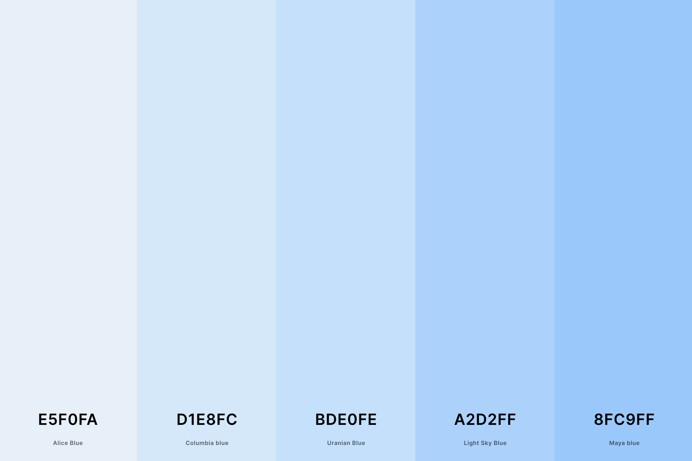 18. Aesthetic Pastel Blue Color Palette Color Palette with Alice Blue (Hex #E5F0FA) + Columbia Blue (Hex #D1E8FC) + Uranian Blue (Hex #BDE0FE) + Light Sky Blue (Hex #A2D2FF) + Maya Blue (Hex #8FC9FF) Color Palette with Hex Codes