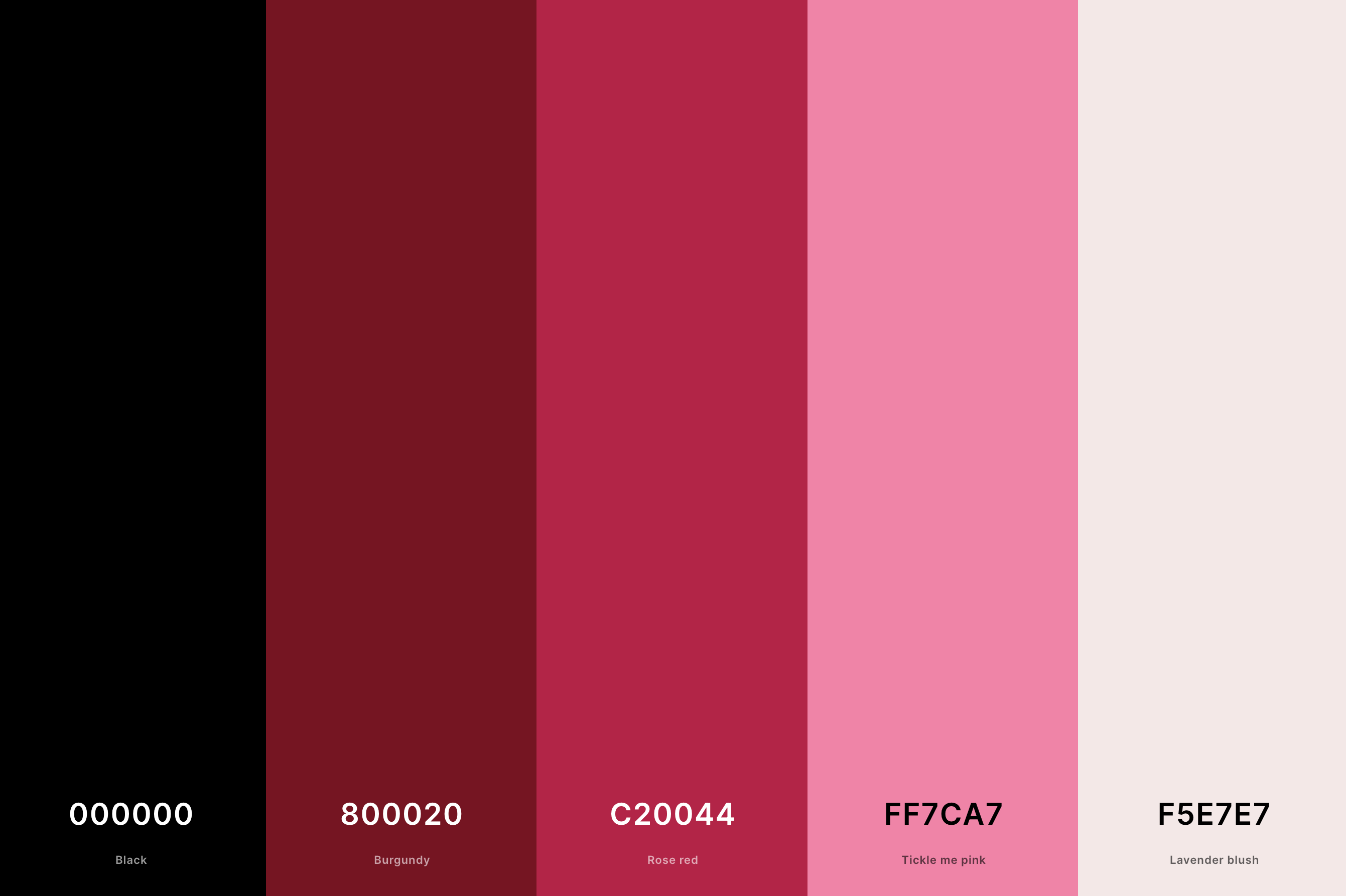 18. Black And Burgundy Color Palette Color Palette with Black (Hex #000000) + Burgundy (Hex #800020) + Rose Red (Hex #C20044) + Tickle Me Pink (Hex #FF7CA7) + Lavender Blush (Hex #F5E7E7) Color Palette with Hex Codes