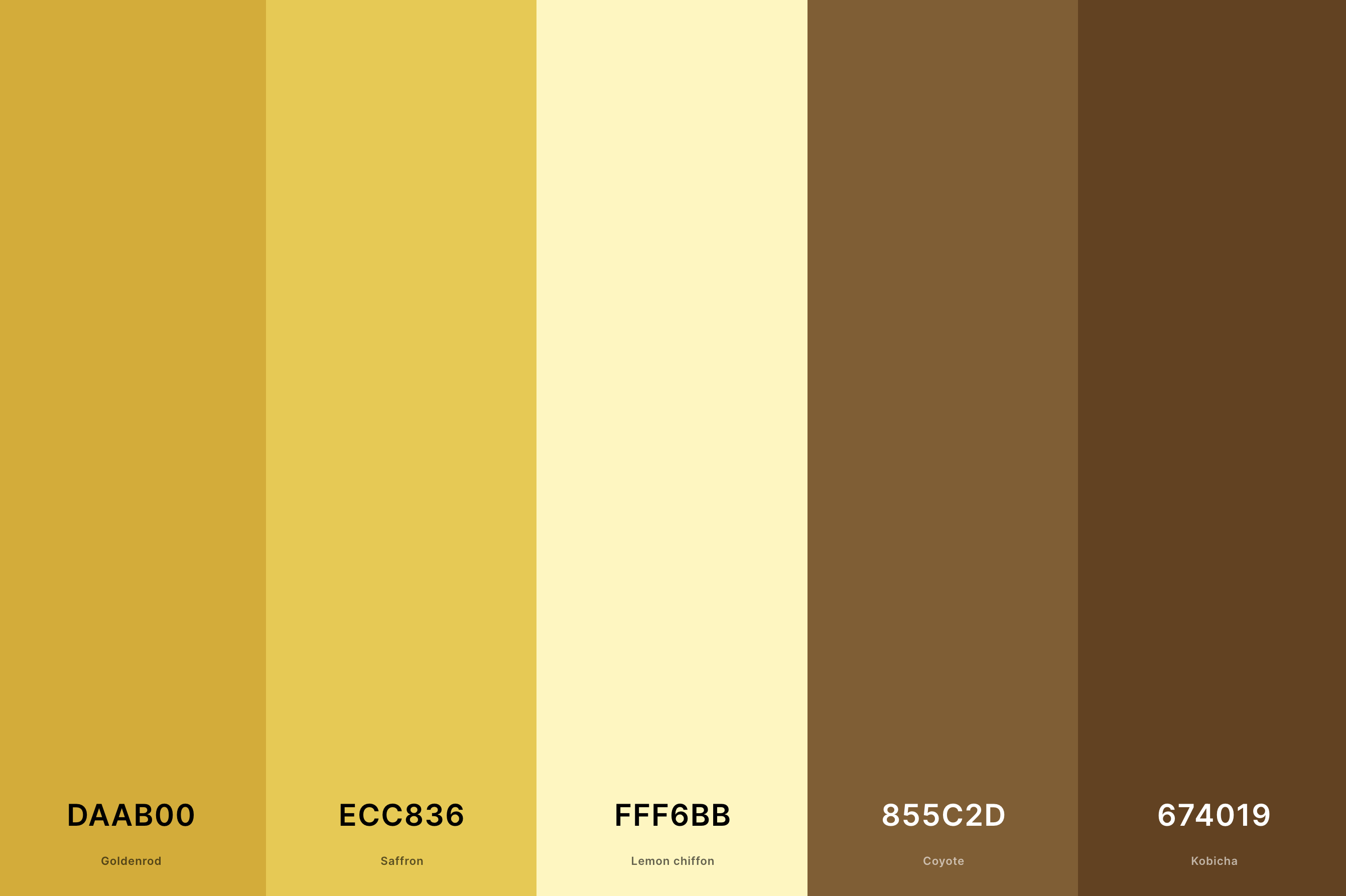 18. Brown And Gold Color Palette Color Palette with Goldenrod (Hex #DAAB00) + Saffron (Hex #ECC836) + Lemon Chiffon (Hex #FFF6BB) + Coyote (Hex #855C2D) + Kobicha (Hex #674019) Color Palette with Hex Codes