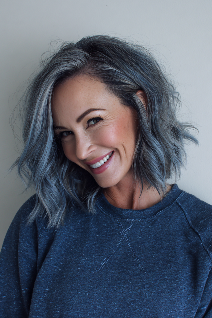 18. Gentle Wave Bob in Slate Blue (Wavy Hairstyles For Older Women) - Wavy Hairstyles For Older Women