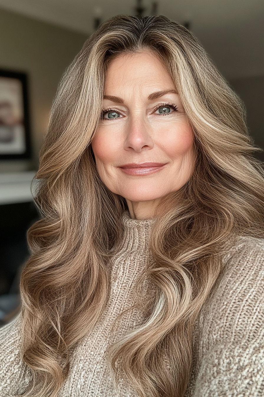 18. Honey Brown Waves with Long Layers (Long Hairstyles For Older Women) - Long Hairstyles For Older Women