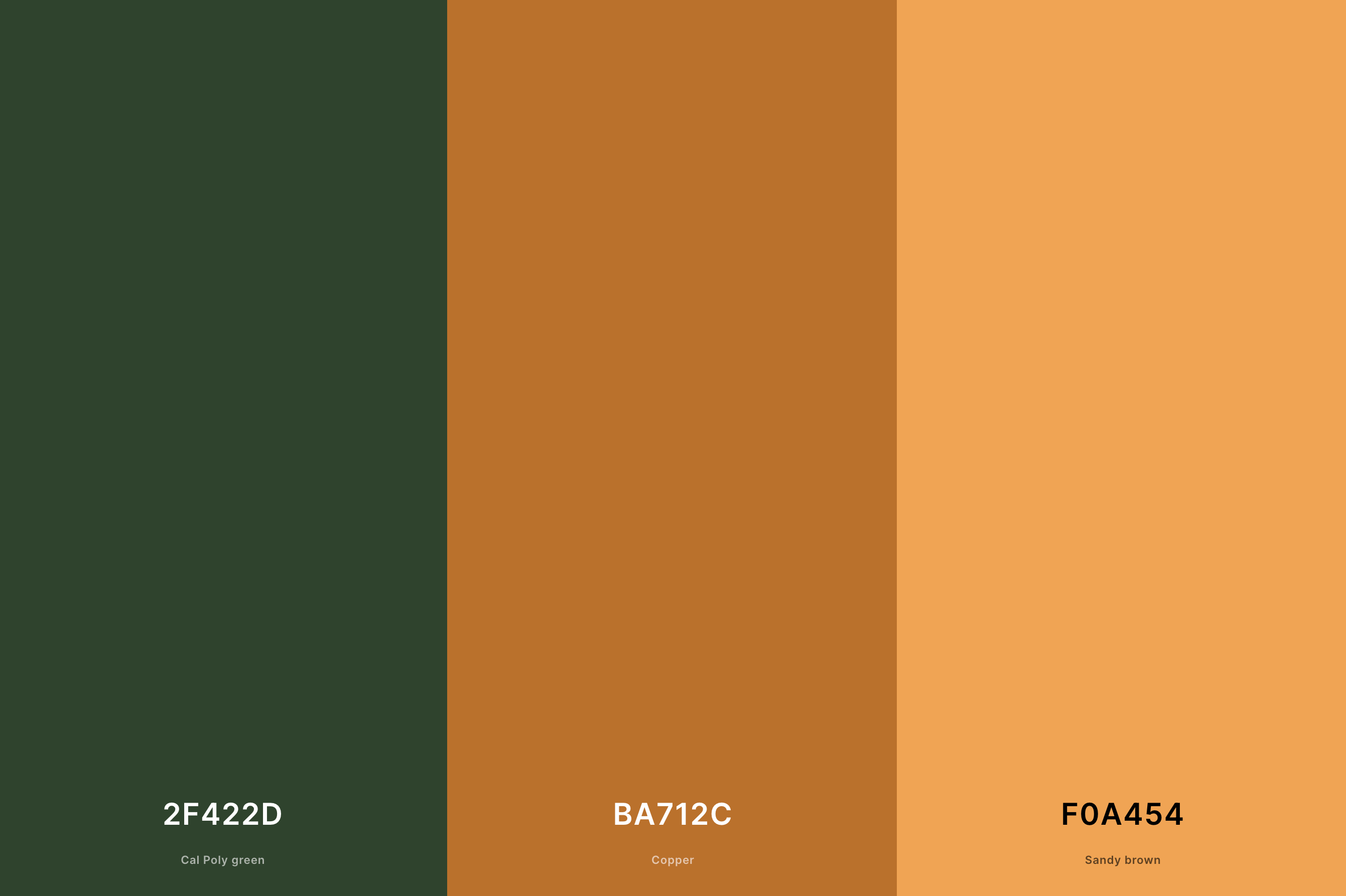 18. Hunter Green and Gold Luxury Color Palette with Cal Poly Green (Hex #2F422D) + Copper (Hex #BA712C) + Sandy Brown (Hex #F0A454) with Hex Codes