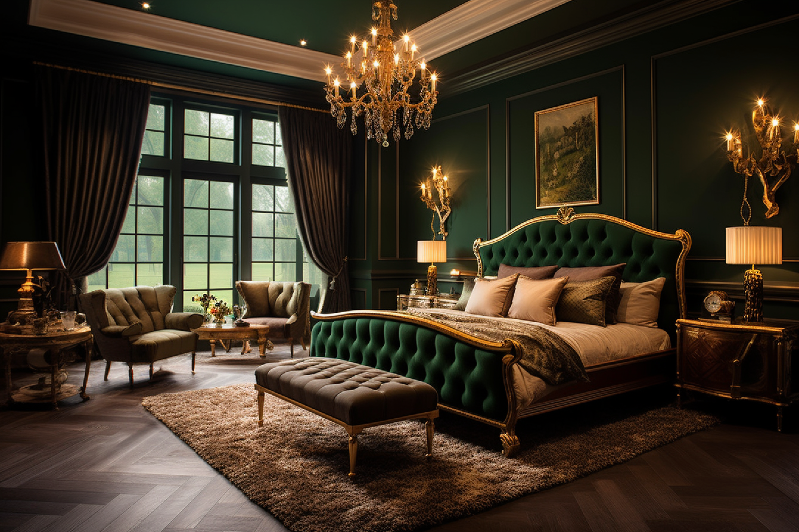 18. Hunter Green and Gold Luxury Scheme. A bedroom that's one part forest, one part luxury.