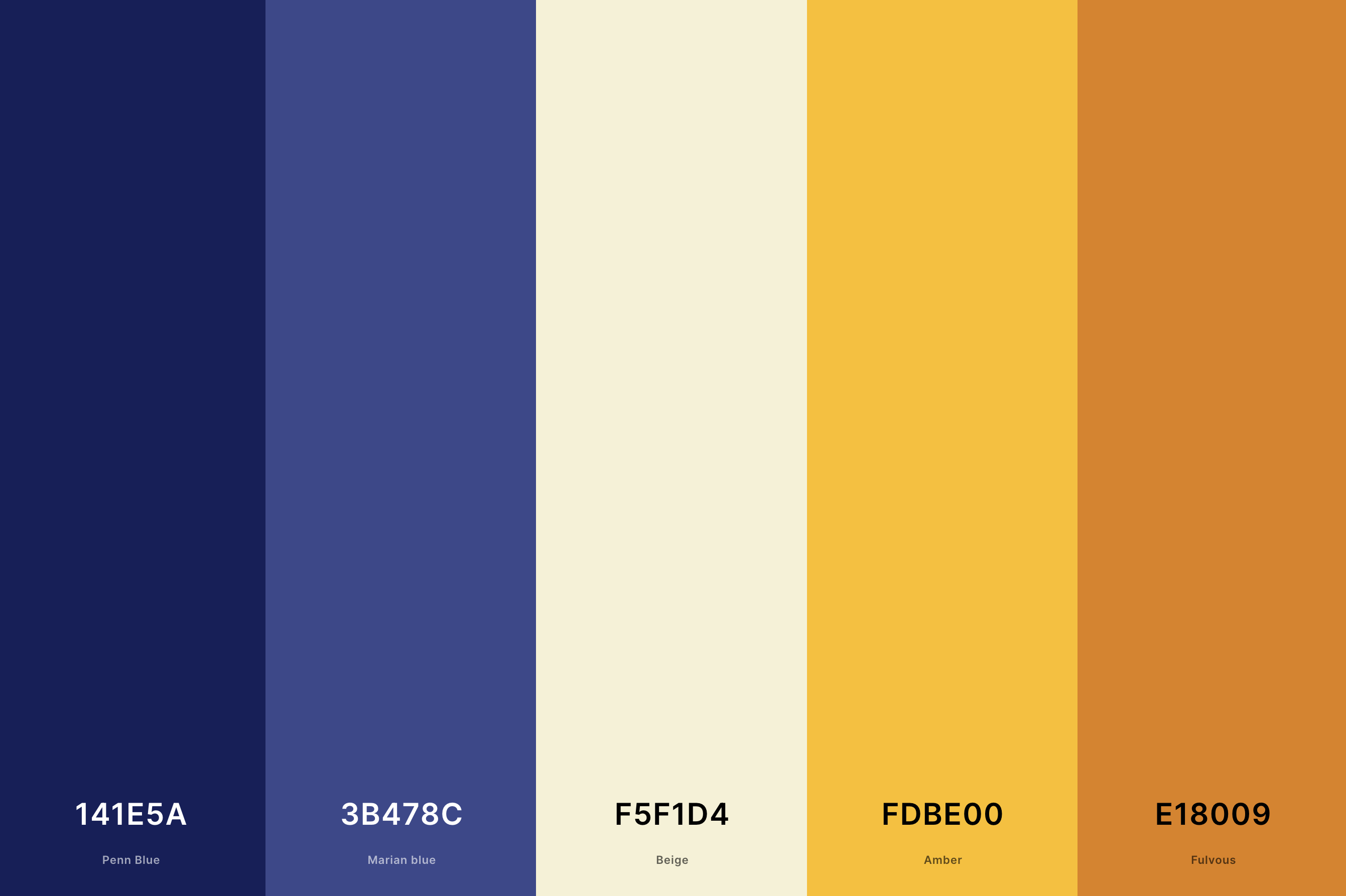 18. Indigo And Orange Color Palette Color Palette with Penn Blue (Hex #141E5A) + Marian Blue (Hex #3B478C) + Beige (Hex #F5F1D4) + Amber (Hex #FDBE00) + Fulvous (Hex #E18009) Color Palette with Hex Codes