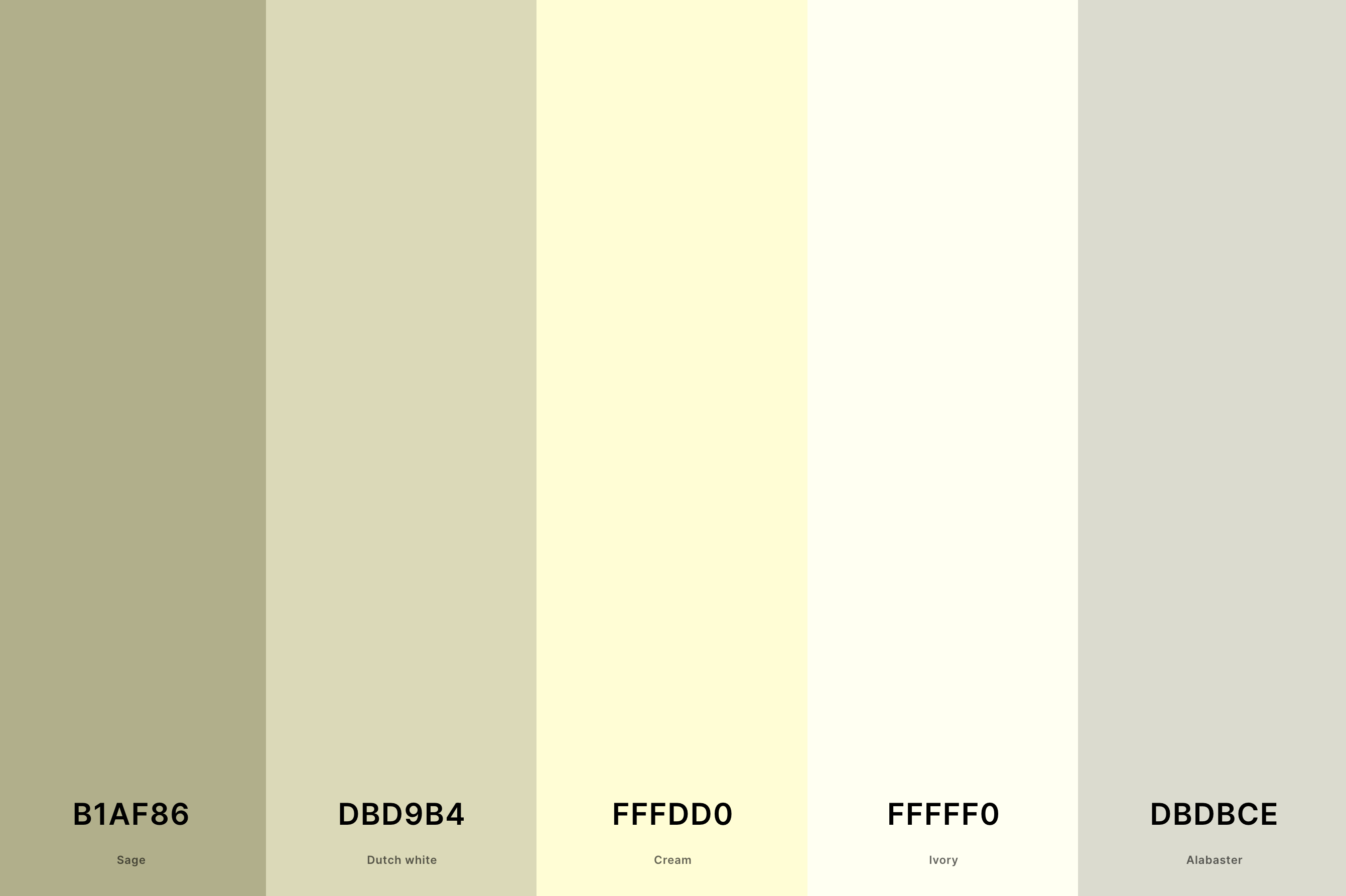 18. Ivory And Cream Color Palette Color Palette with Sage (Hex #B1AF86) + Dutch White (Hex #DBD9B4) + Cream (Hex #FFFDD0) + Ivory (Hex #FFFFF0) + Alabaster (Hex #DBDBCE) Color Palette with Hex Codes