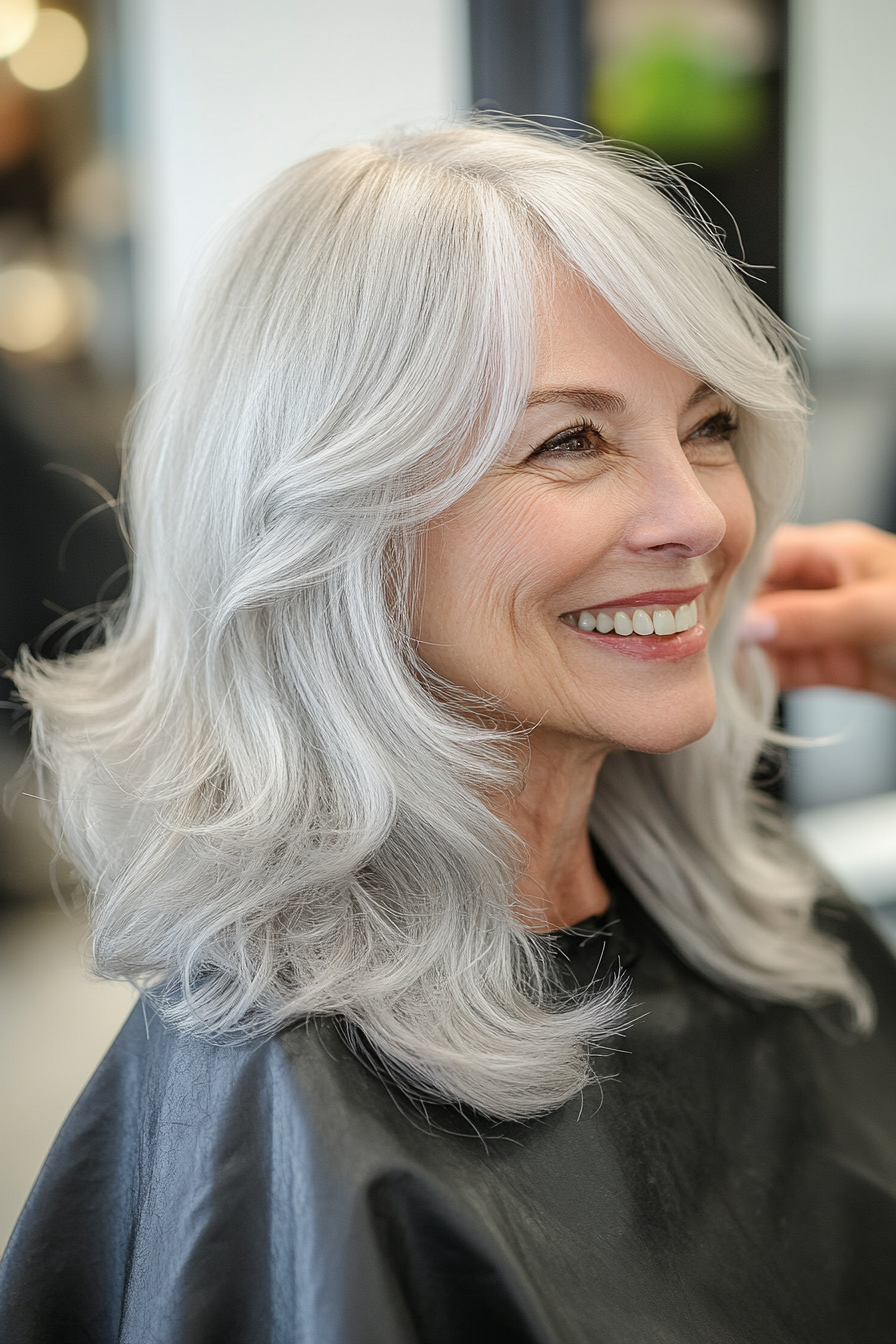 18. Long Silver Waves with Curtain Bangs (Hairstyles For Older Women With Bangs) - Hairstyles For Older Women With Bangs