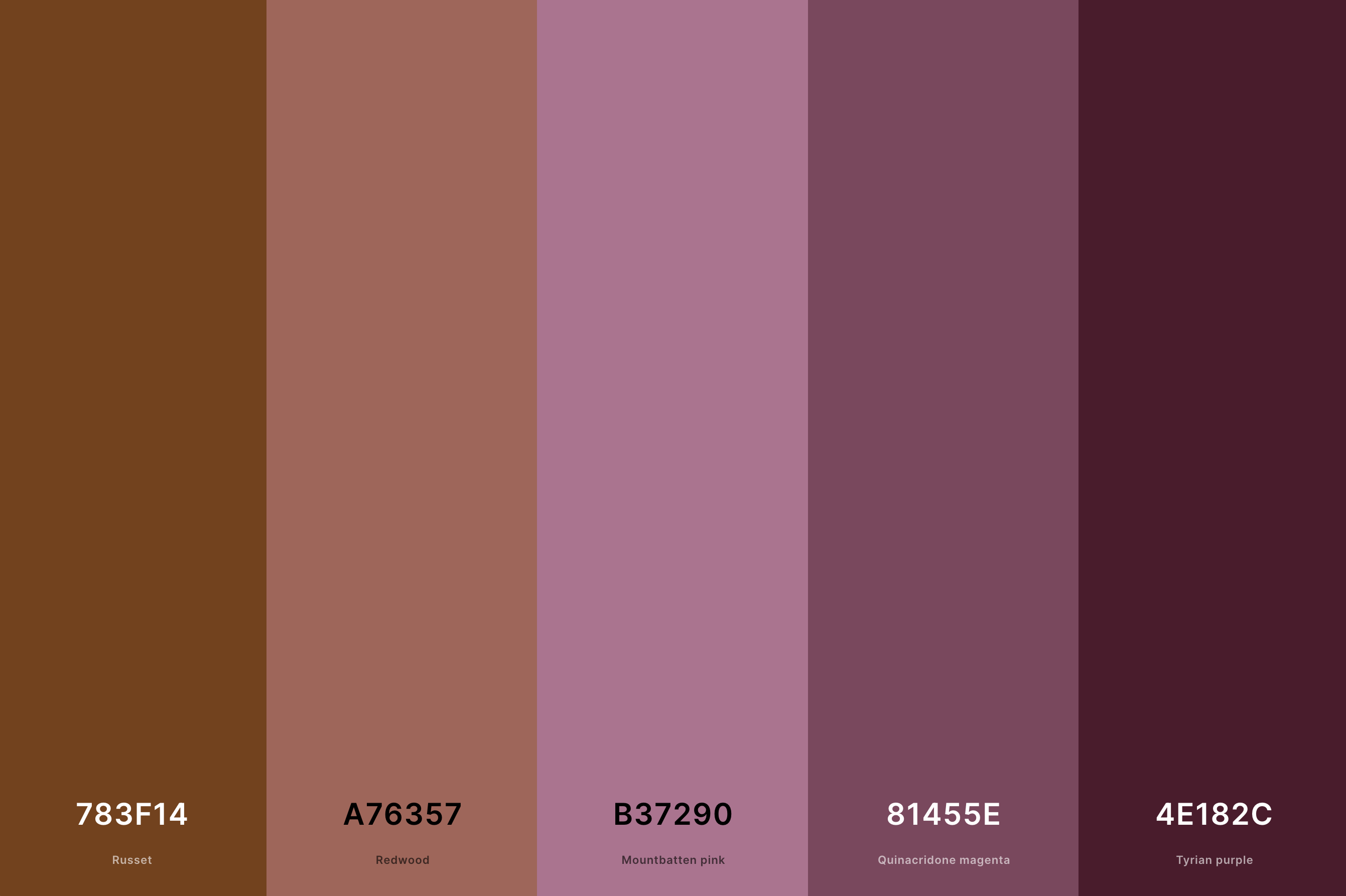 18. Mauve Fall Color Palette Color Palette with Russet (Hex #783F14) + Redwood (Hex #A76357) + Mountbatten Pink (Hex #B37290) + Quinacridone Magenta (Hex #81455E) + Tyrian Purple (Hex #4E182C) Color Palette with Hex Codes