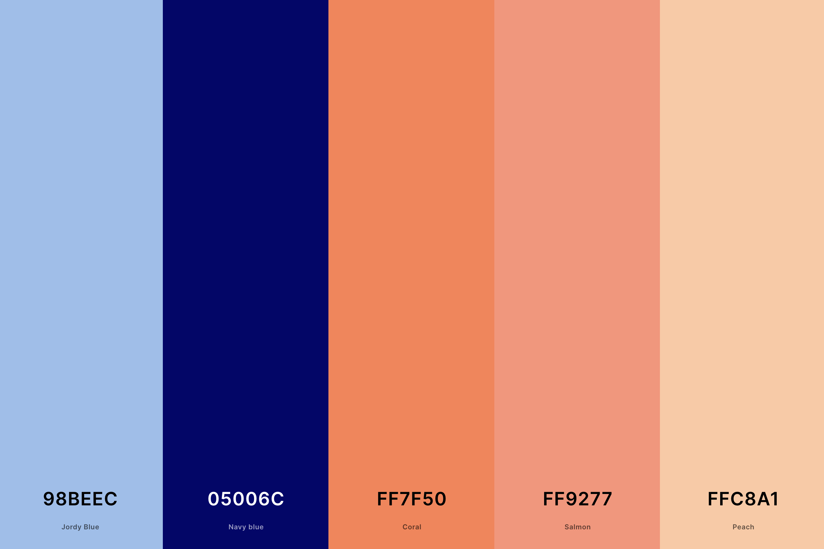 18. Navy Blue And Coral Color Palette Color Palette with Jordy Blue (Hex #98BEEC) + Navy Blue (Hex #05006C) + Coral (Hex #FF7F50) + Salmon (Hex #FF9277) + Peach (Hex #FFC8A1) Color Palette with Hex Codes