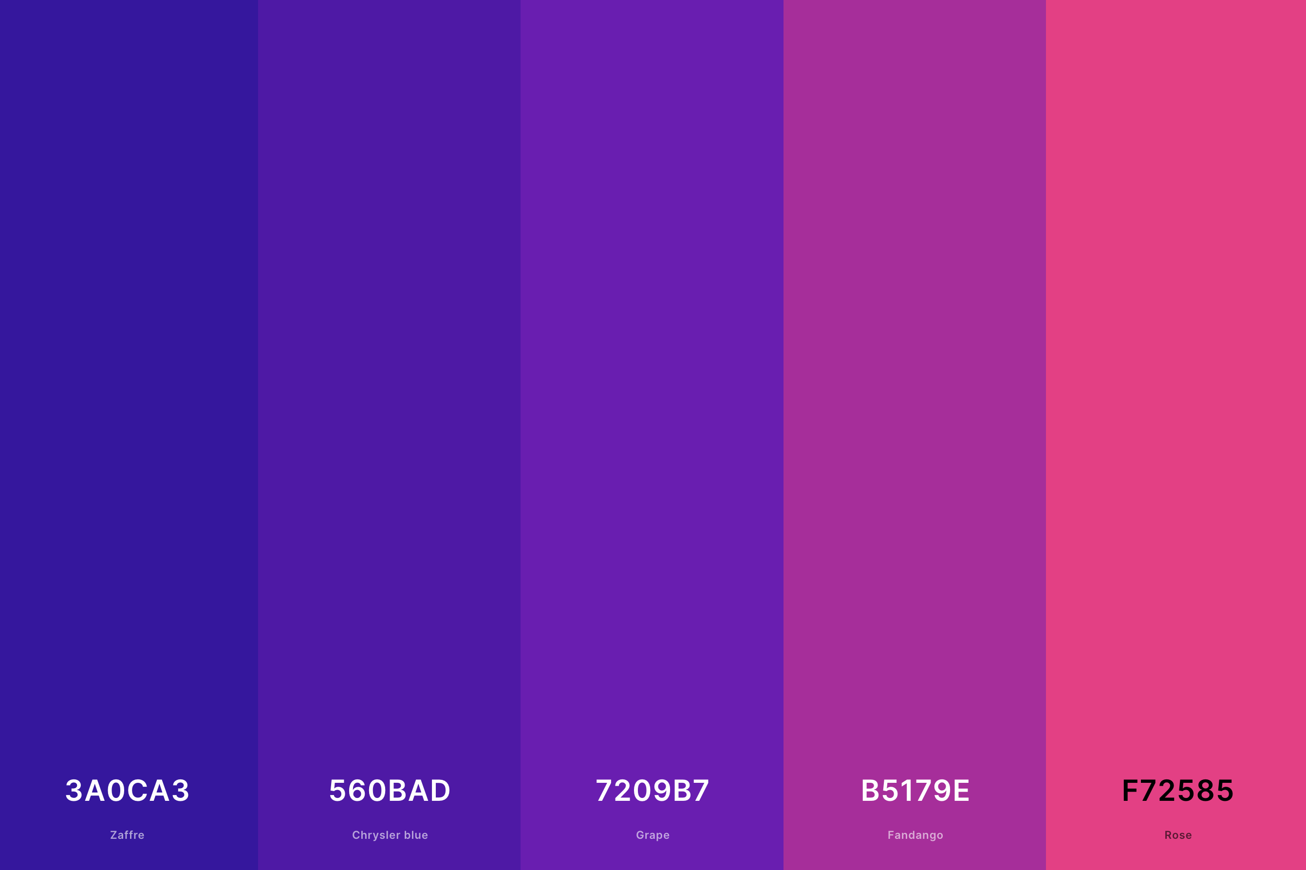 18. Neon Gradient Color Palette Color Palette with Zaffre (Hex #3A0CA3) + Chrysler Blue (Hex #560BAD) + Grape (Hex #7209B7) + Fandango (Hex #B5179E) + Rose (Hex #F72585) Color Palette with Hex Codes