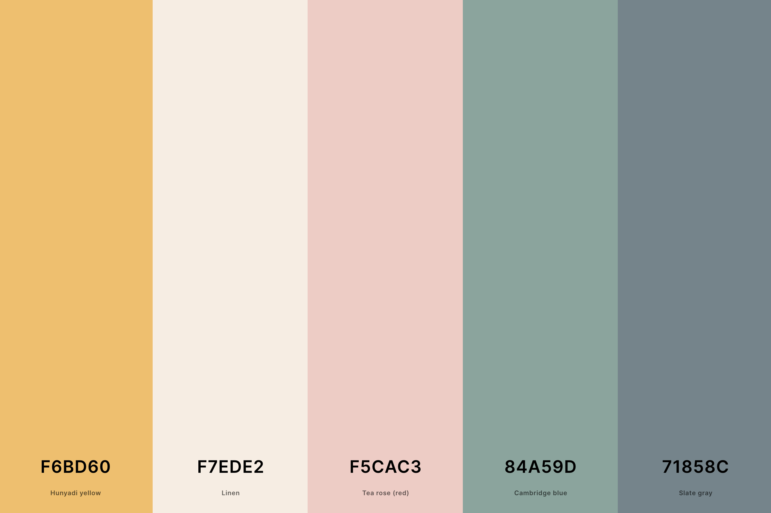 18. Neutral Spring Color Palette Color Palette with Hunyadi Yellow (Hex #F6BD60) + Linen (Hex #F7EDE2) + Tea Rose (Red) (Hex #F5CAC3) + Cambridge Blue (Hex #84A59D) + Slate Gray (Hex #71858C) Color Palette with Hex Codes