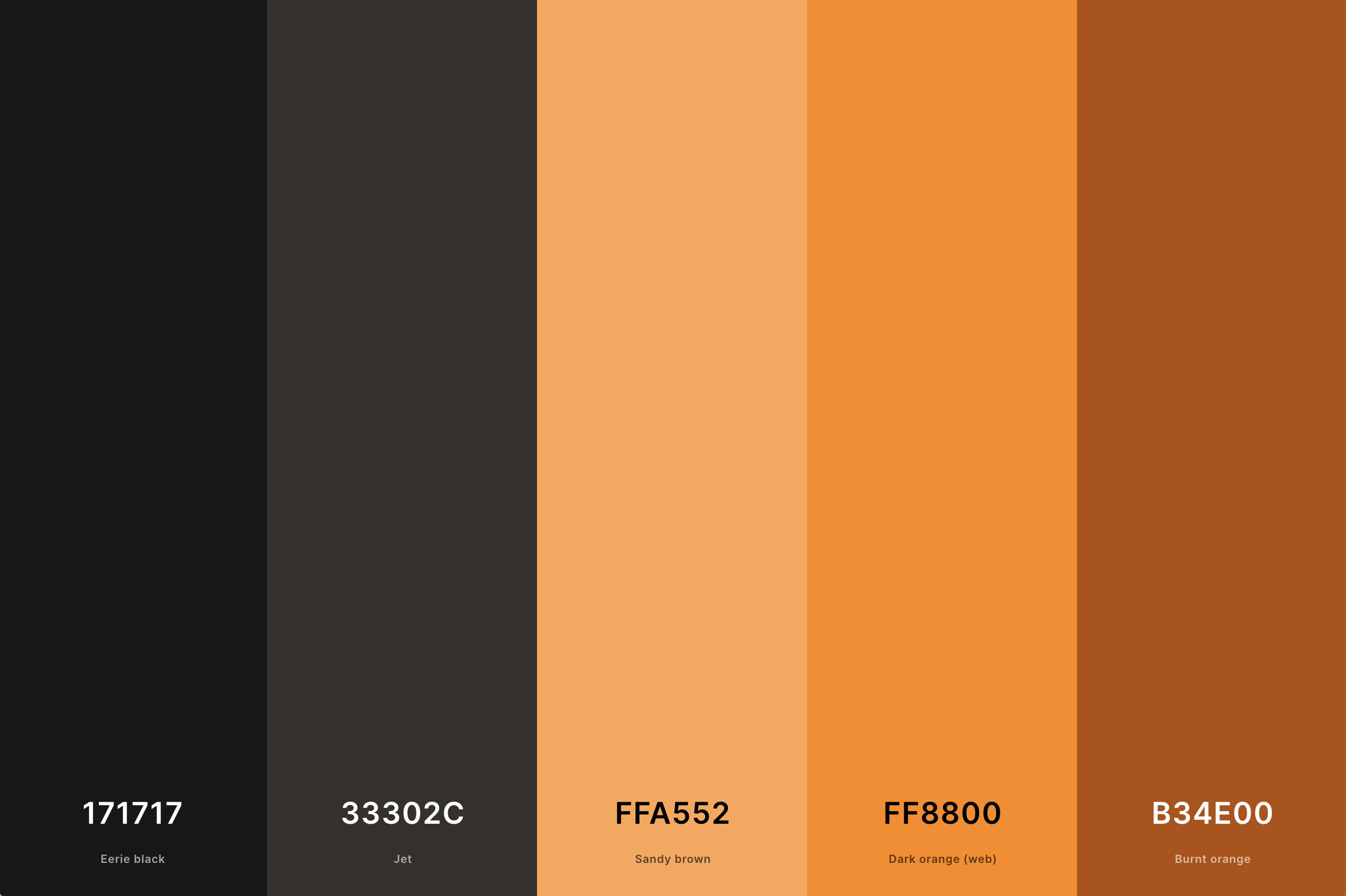 18. Orange And Black Color Palette Color Palette with Eerie Black (Hex #171717) + Jet (Hex #33302C) + Sandy Brown (Hex #FFA552) + Dark Orange (Web) (Hex #FF8800) + Burnt Orange (Hex #B34E00) Color Palette with Hex Codes