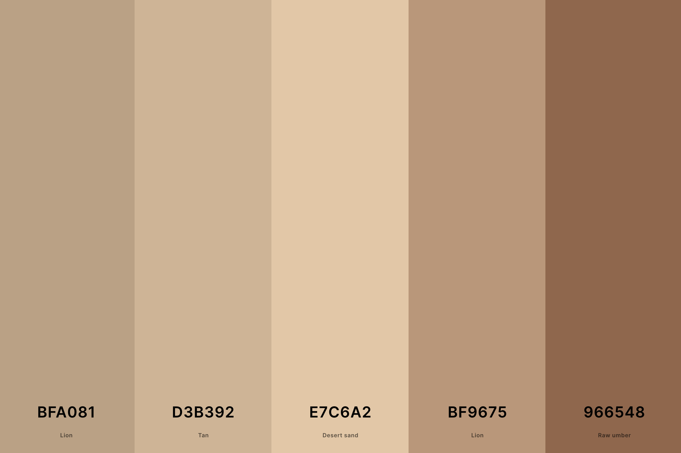 18. Pastel Brown Color Palette Color Palette with Lion (Hex #BFA081) + Tan (Hex #D3B392) + Desert Sand (Hex #E7C6A2) + Lion (Hex #BF9675) + Raw Umber (Hex #966548) Color Palette with Hex Codes