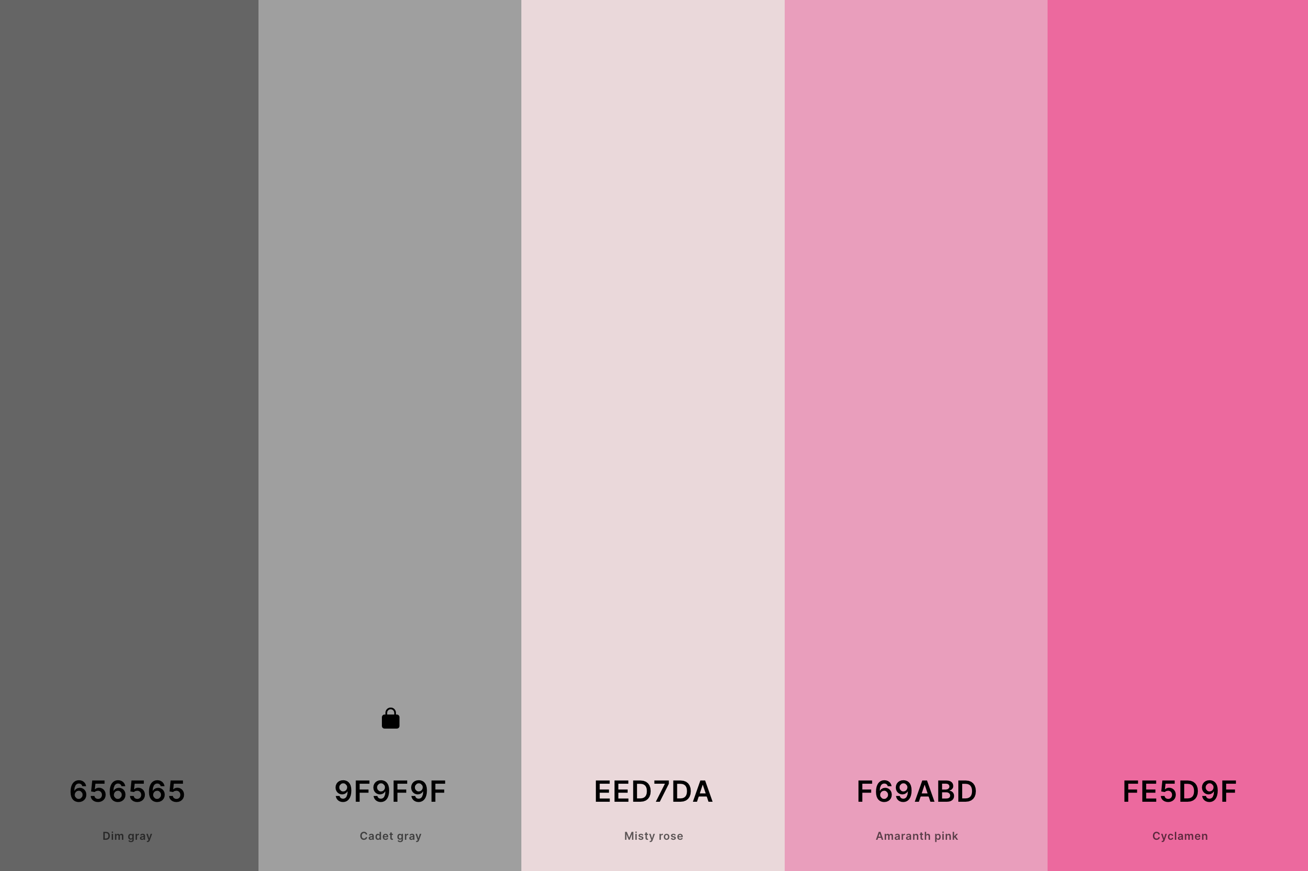 18. Pink And Gray Color Palette Color Palette with Dim Gray (Hex #656565) + Cadet Gray (Hex #9F9F9F) + Misty Rose (Hex #EED7DA) + Amaranth Pink (Hex #F69ABD) + Cyclamen (Hex #FE5D9F) Color Palette with Hex Codes