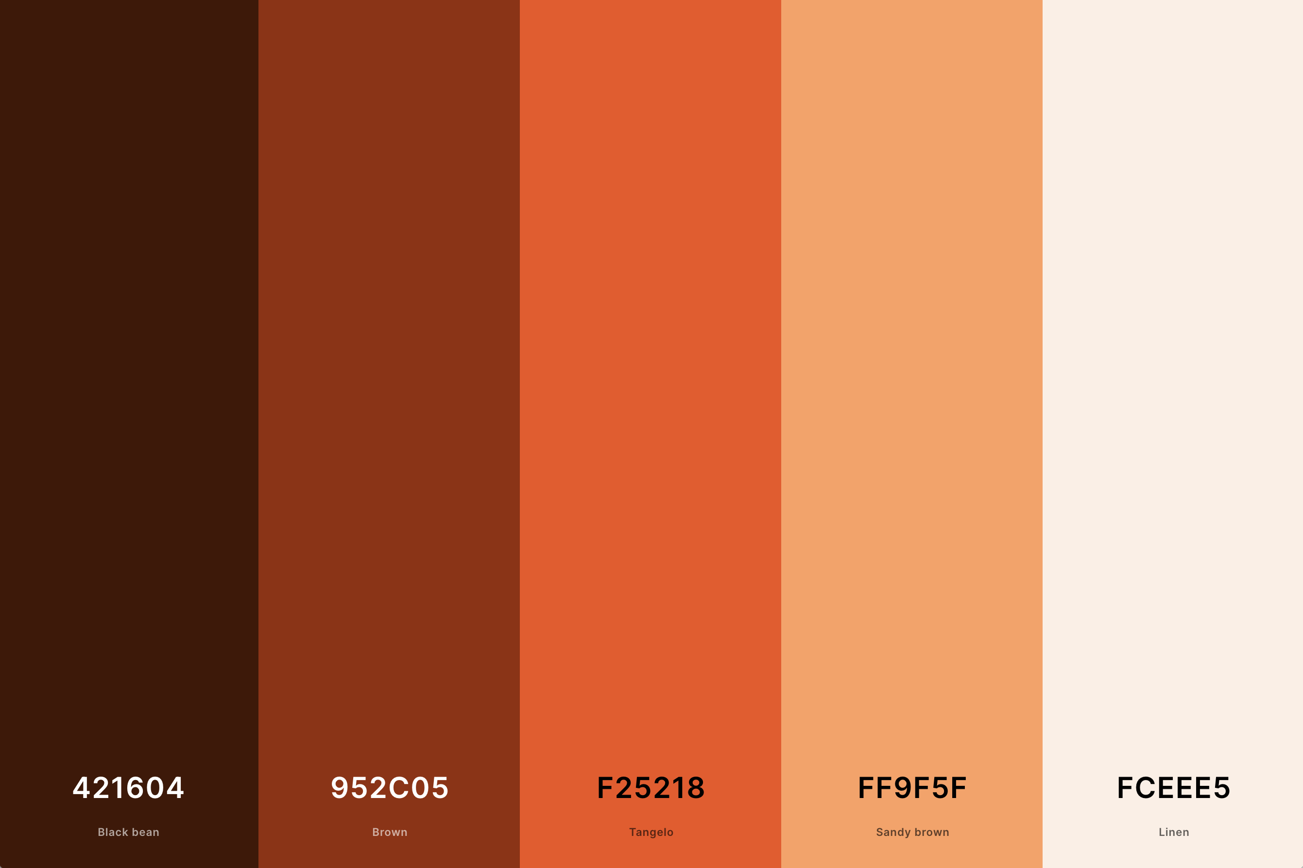 18. Red Panda Color Palette Color Palette with Black Bean (Hex #421604) + Brown (Hex #952C05) + Tangelo (Hex #F25218) + Sandy Brown (Hex #FF9F5F) + Linen (Hex #FCEEE5) Color Palette with Hex Codes