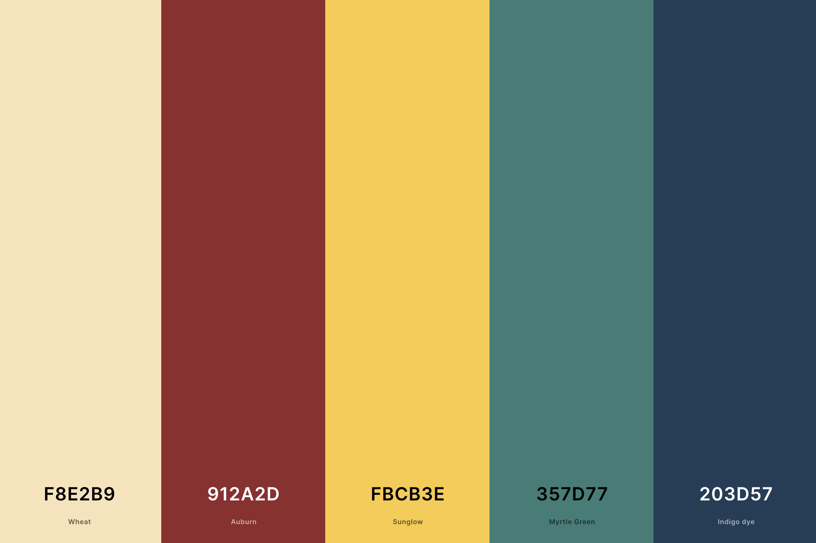 18. Retro 1940s Color Palette Color Palette with Wheat (Hex #F8E2B9) + Auburn (Hex #912A2D) + Sunglow (Hex #FBCB3E) + Myrtle Green (Hex #357D77) + Indigo Dye (Hex #203D57) Color Palette with Hex Codes
